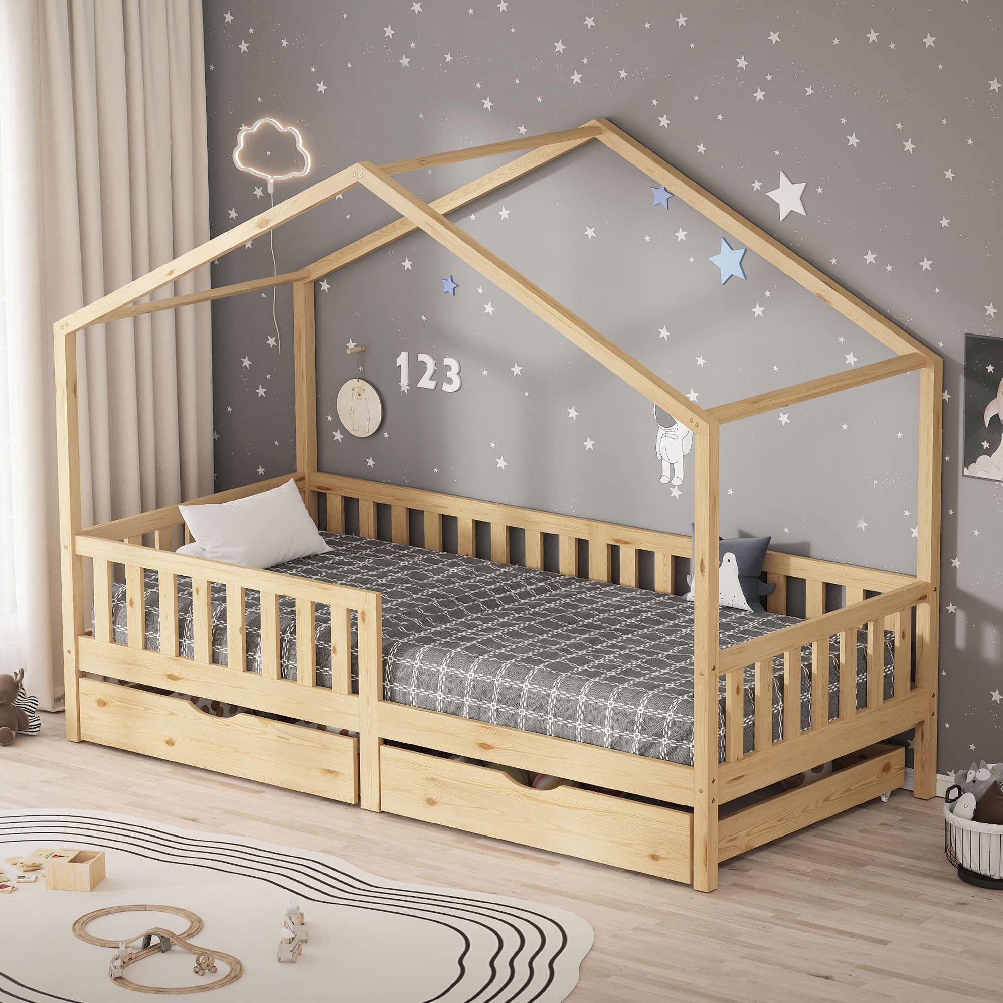 ML-DESIGN Spielbett Hausbett Kinderbett inkl. 2 Schubladen, Lattenrost und Rausfallschutz, Abenteuerbett 90x200cm Haus Bett Himmelbett Kiefer Jugendbett Natur
