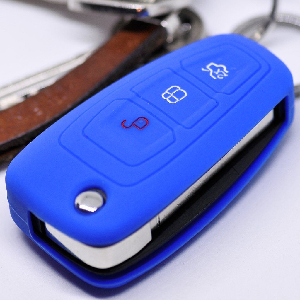 mt-key Schlüsseltasche Autoschlüssel Softcase Silikon Schutzhülle Blau, für Ford Mondeo Focus S-Max Fiesta Transit 3 Tasten Klappschlüssel