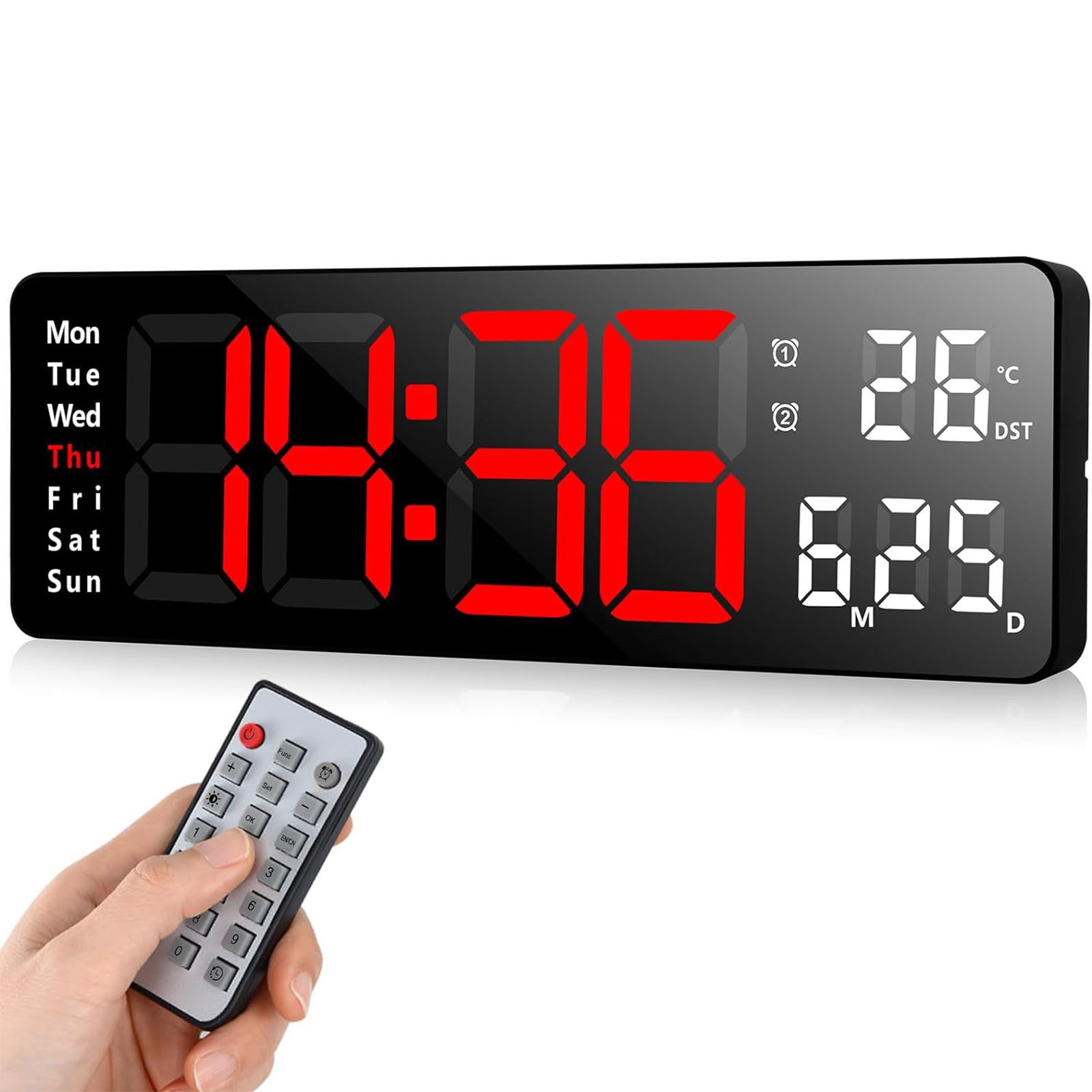 OKWISH Wanduhr 13 Zoll LED Digitale Wand Uhr Küchenuhr Digitaluhr Tischuhr Wandwecker (Digital Wecker mit Fernbedienung Timing Countdown 13-Zoll-Großdisplay)