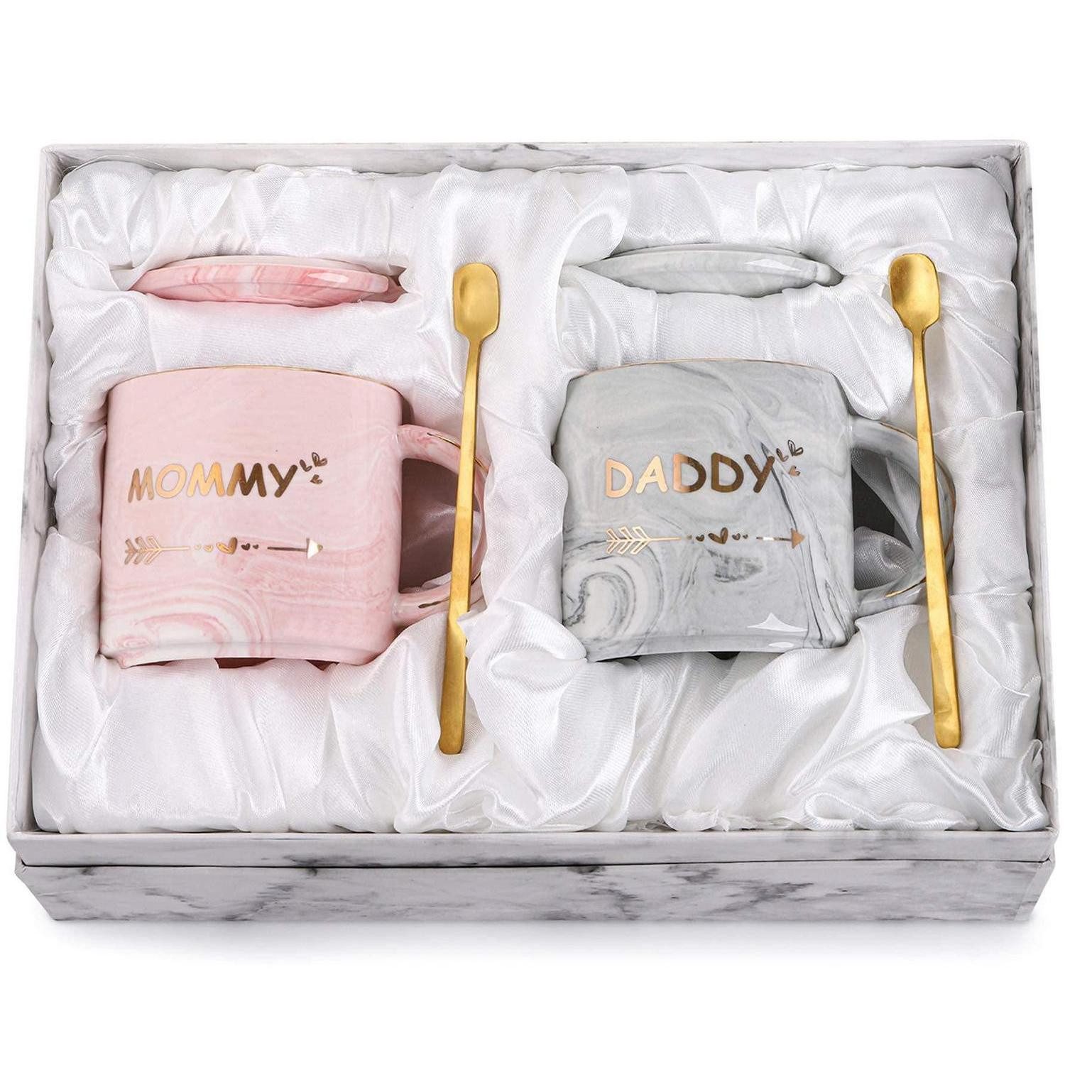 LuxusKollektion Kaffeeservice Kaffeetassen Set Mommy Daddy Marmor 350ml 2er mit Löffel