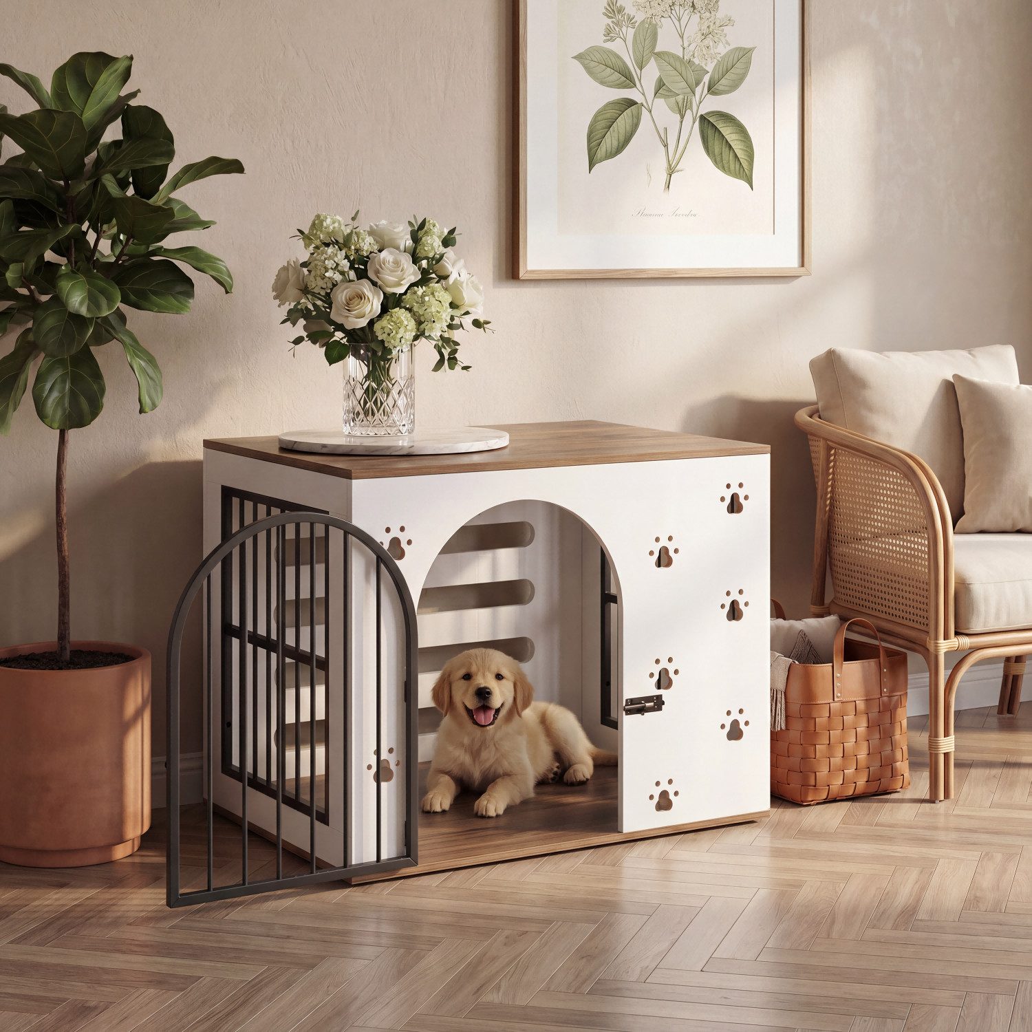 BlingBin Hundehütte Holz Möbel-Hundebox mit integrierter Futterstation & 2 Edelstahlnäpfen, eleganter Beistelltisch für Hunde im Wohnzimmer
