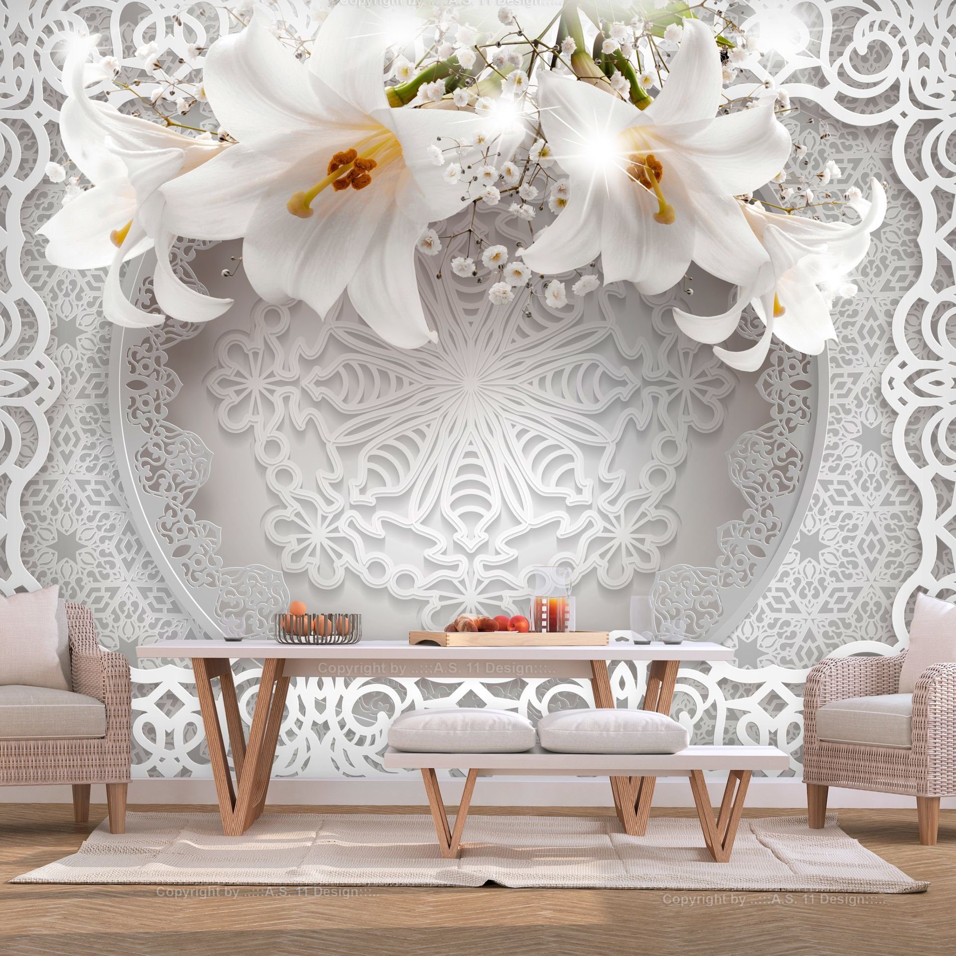 KUNSTLOFT Vliestapete Lilies and Ornaments 0.98x0.7 m, halb-matt, matt, lichtbeständige Design Tapete