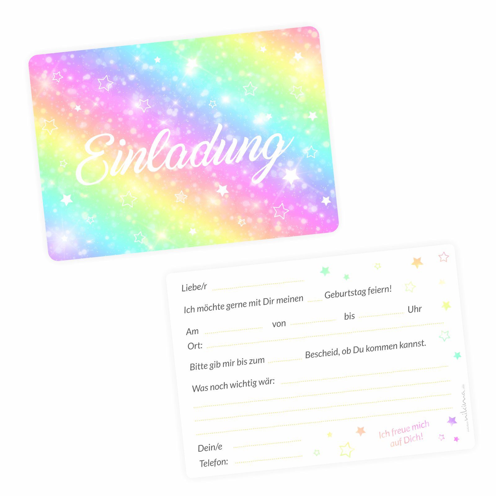 nikima Einladungskarten 10 Einladungskarten mit Glitzer Regenbogen für Kindergeburtstag