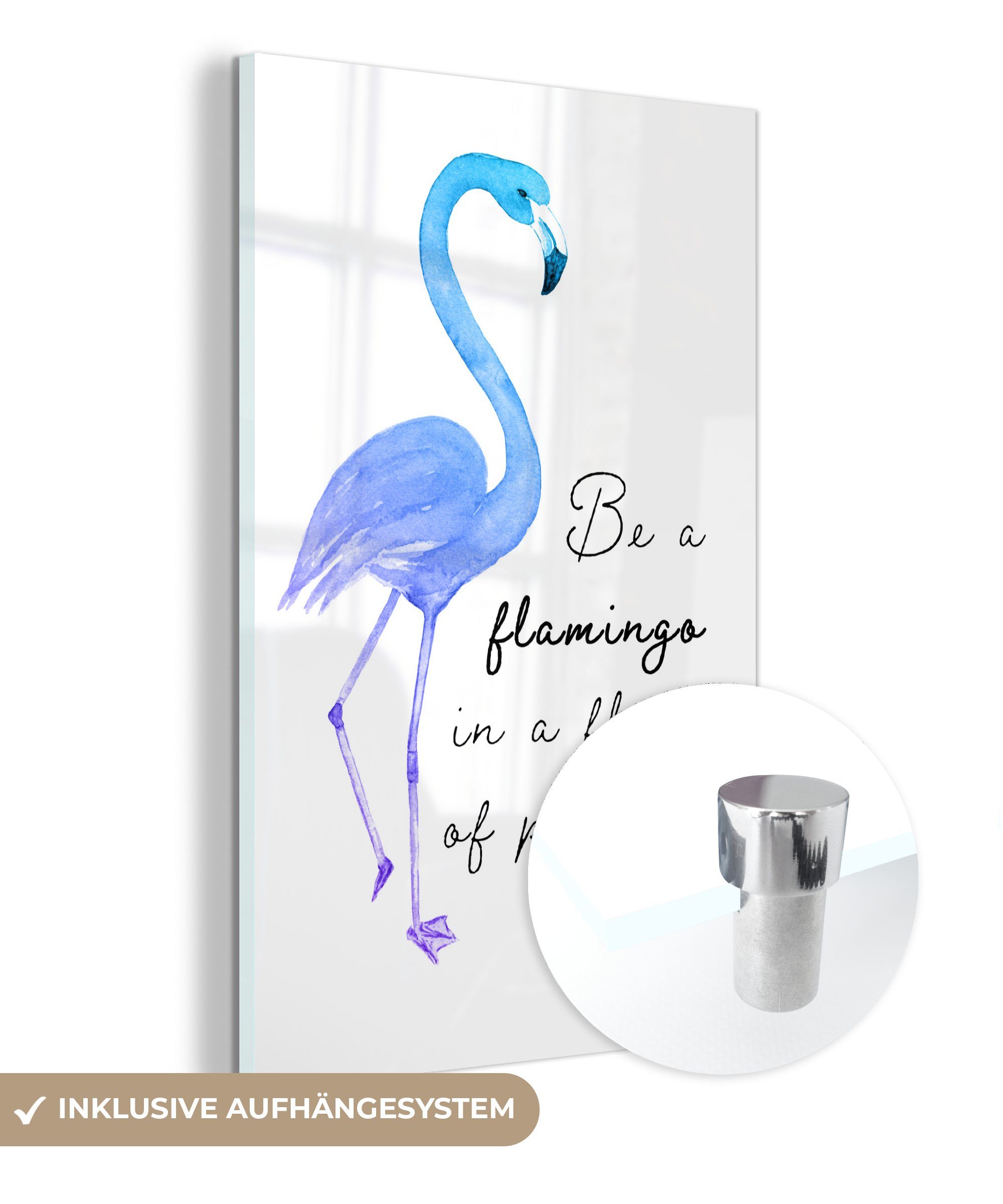 MuchoWow Acrylglasbild Blau Flamingo, St), auf - Wandbild Glas bunt - - Foto auf (1 Bilder - Lila - Wanddekoration Glas Glasbilder