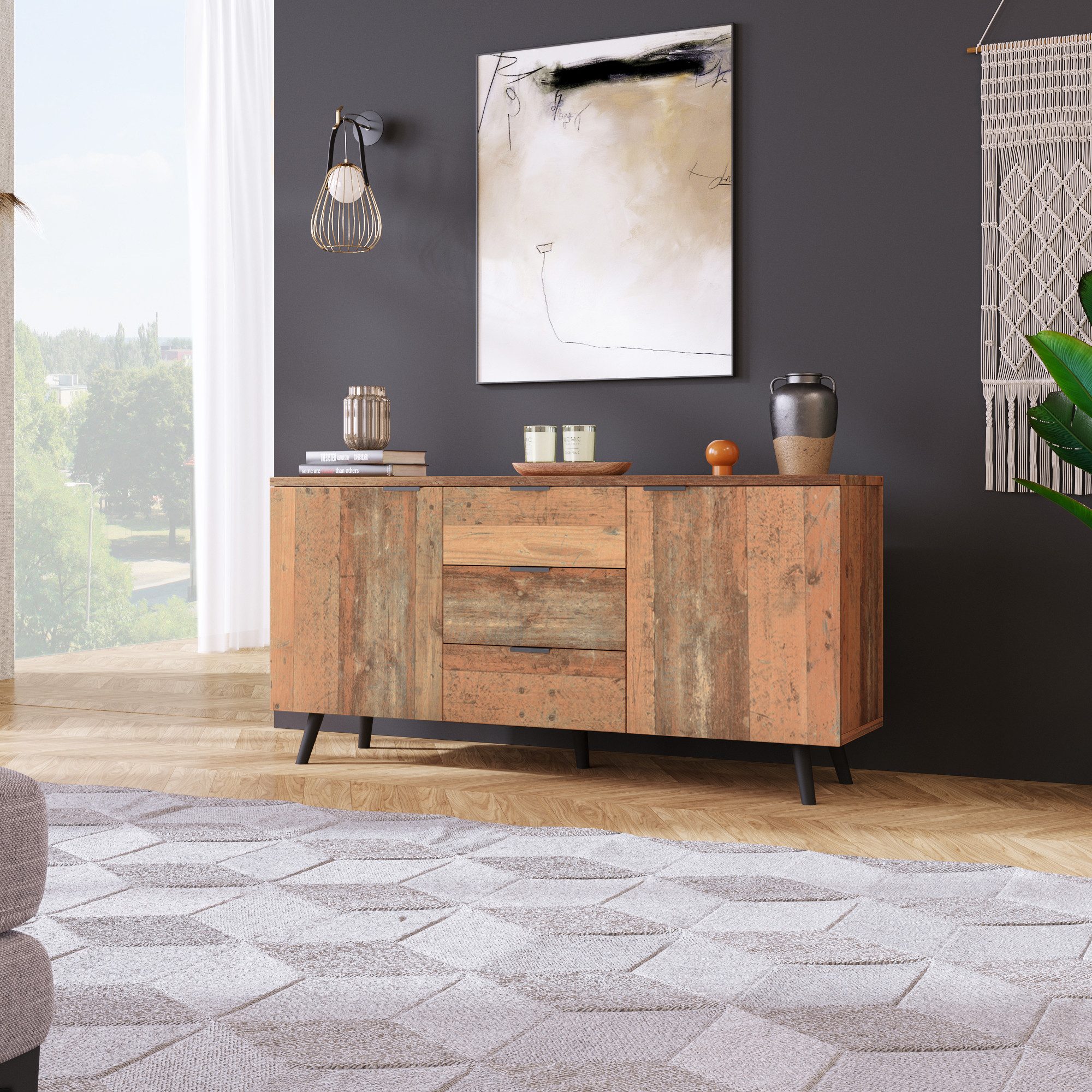 Yorbay TV-Schrank Industriell Sideboard mit verstellbaren Regalen, 3 Schubladen, 2 Türen Klassik Kommode vertikaler Schrank,Vintage, Braun, 140cm