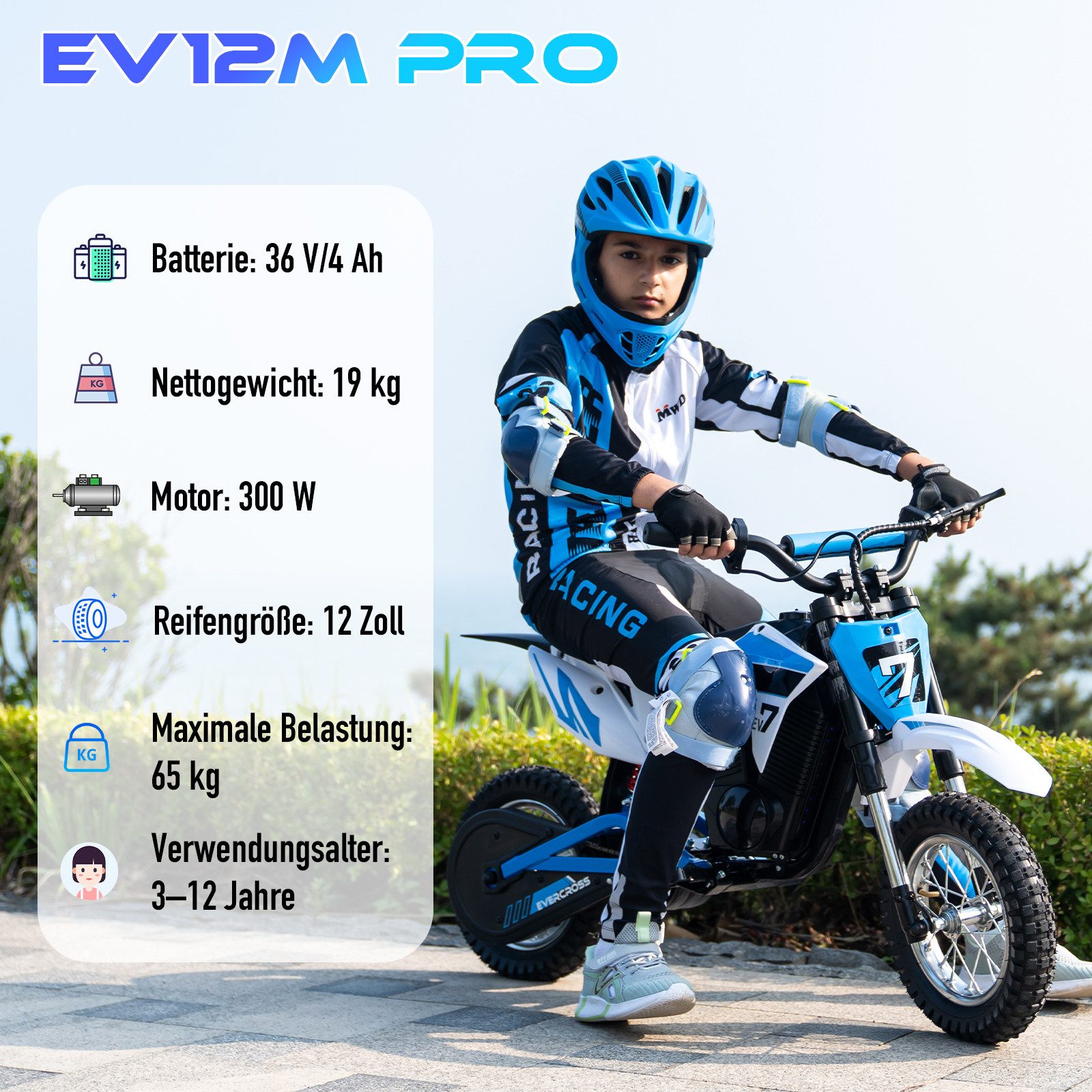EVERCROSS TECH Elektro-Kindermotorrad EV12M, 8/12/25 KMH, 12 Zoll Luftreifen, 300W, 36V 5,2AH, 6-12 Jahre, Reichweite 15 km, Belastbarkeit 65 kg