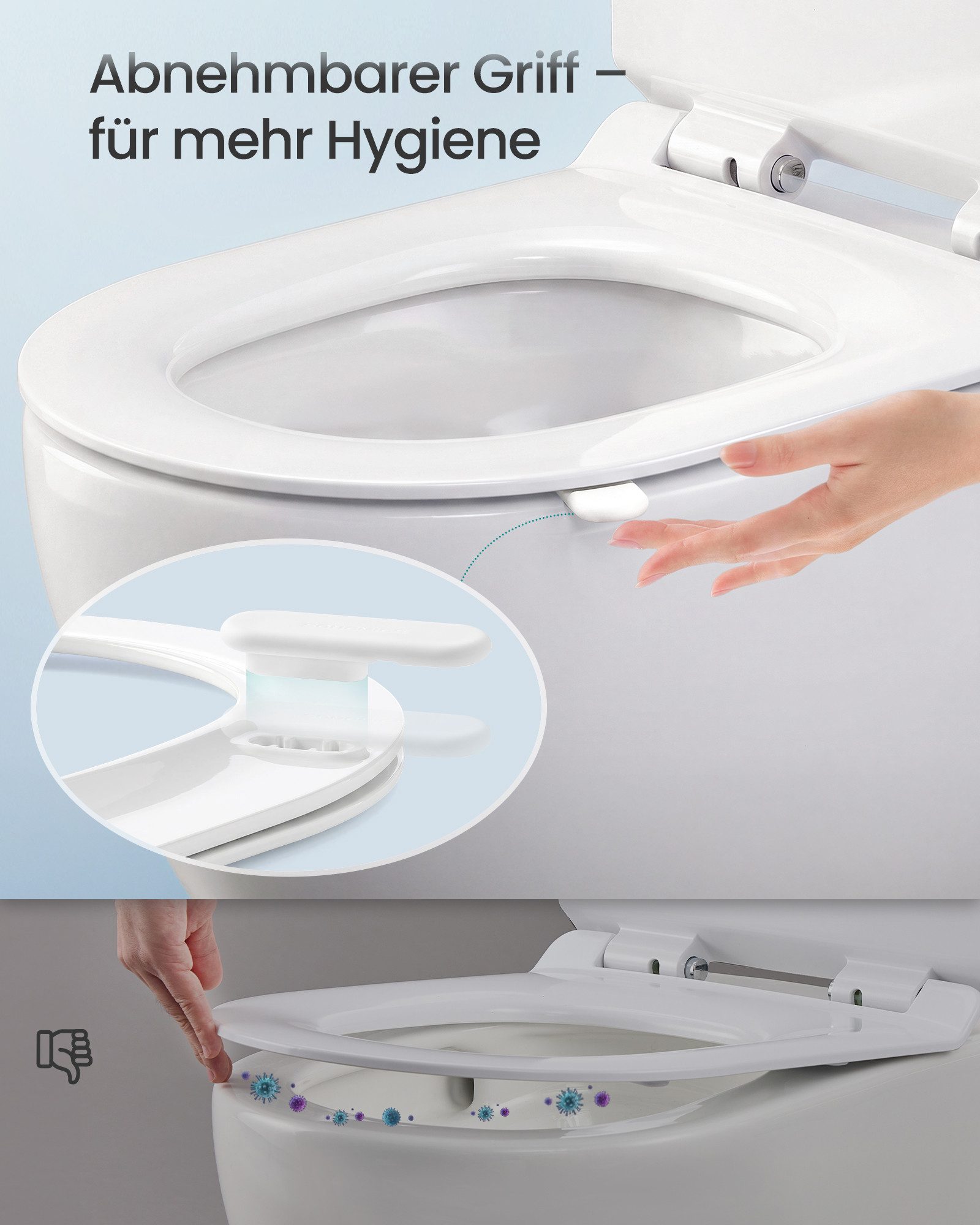 SONGMICS WC-Sitz Urea-Duroplast, belastbar mit 300 kg, O-Form D-Form, Absenkautomatik, abnehmbarer Toilettendeckel, Griff, einfache Montage
