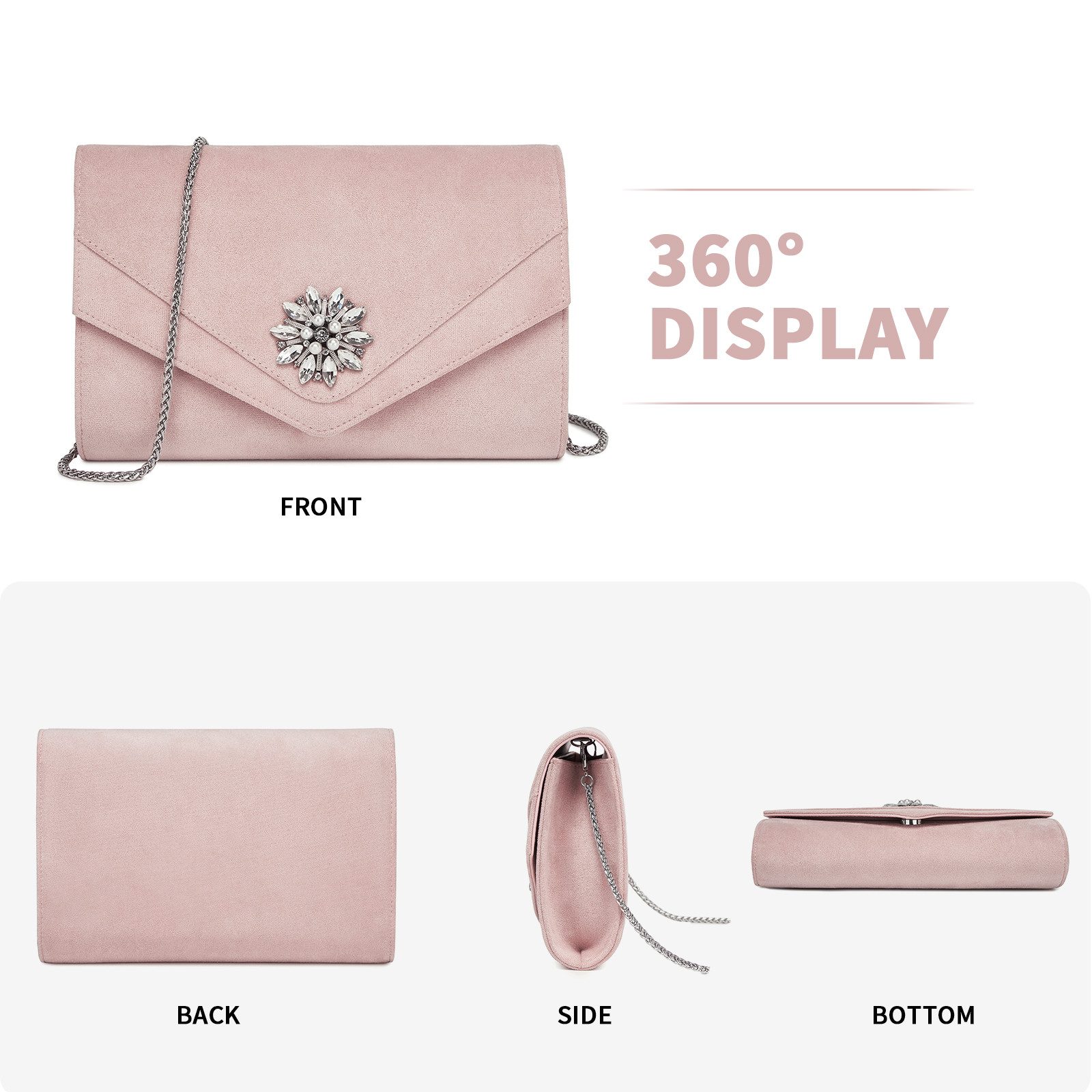 Miss Lulu Clutch Damen, Elegante Abendtasche mit Diamantbesatz & Kette