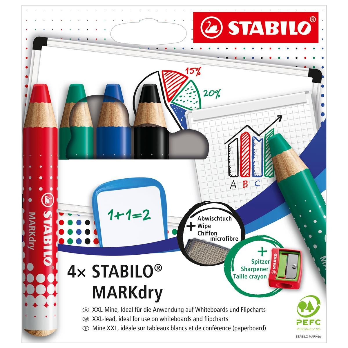 STABILO Whiteboard Marker STABILO MARKdry Whiteboardmarker - XXL-Mine - 4er Etui