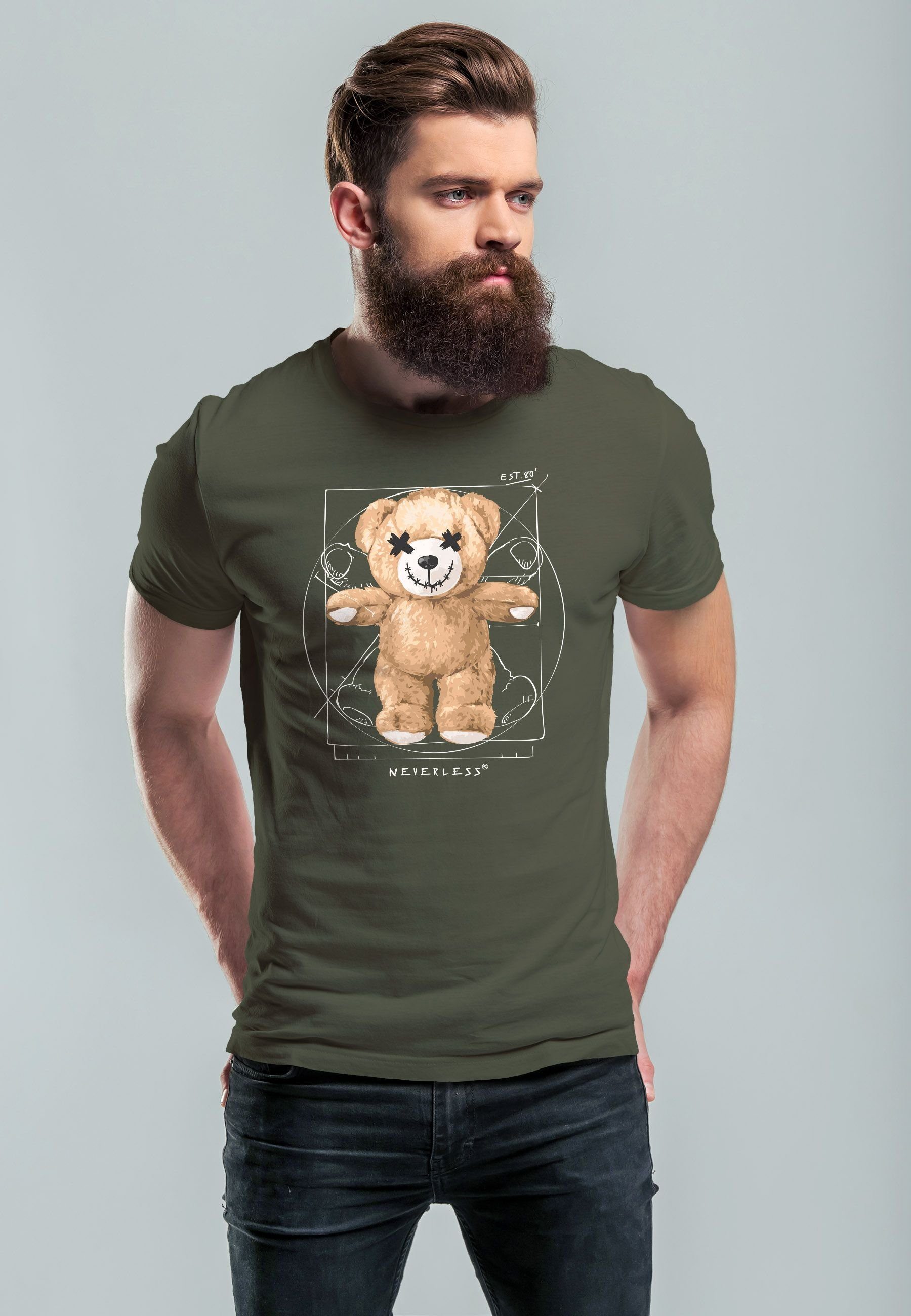 Teddy Print army Parodie DaVinci mit Neverless Print-Shirt Print Herren T-Shirt Streetstyl Fashion Meme Bär