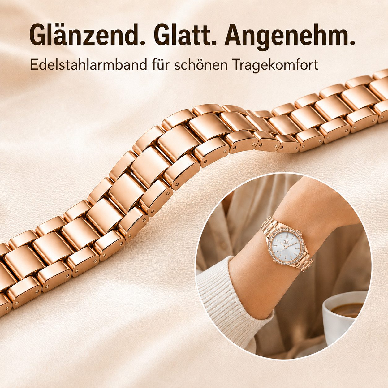 Toomoke Quarzuhr Damenuhr Roségold, Schmuckuhr mit Kristallen, Damen Accessoire, (Edelstahlmodell mit Schmucklünette, klassisches Design für Damen), 34 mm Gehäu – Bild 5 von 5