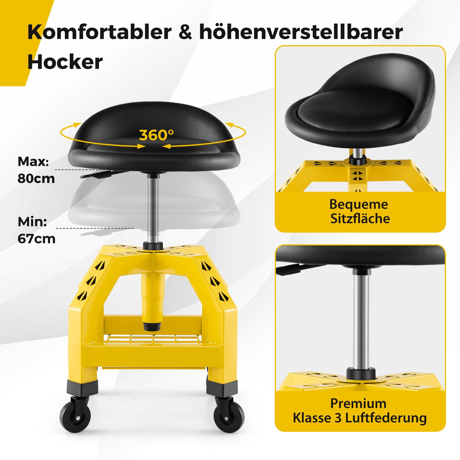 COSTWAY Montagehocker, höhenverstellbar, bis 150 kg, mit Werkzeugablage Gelb