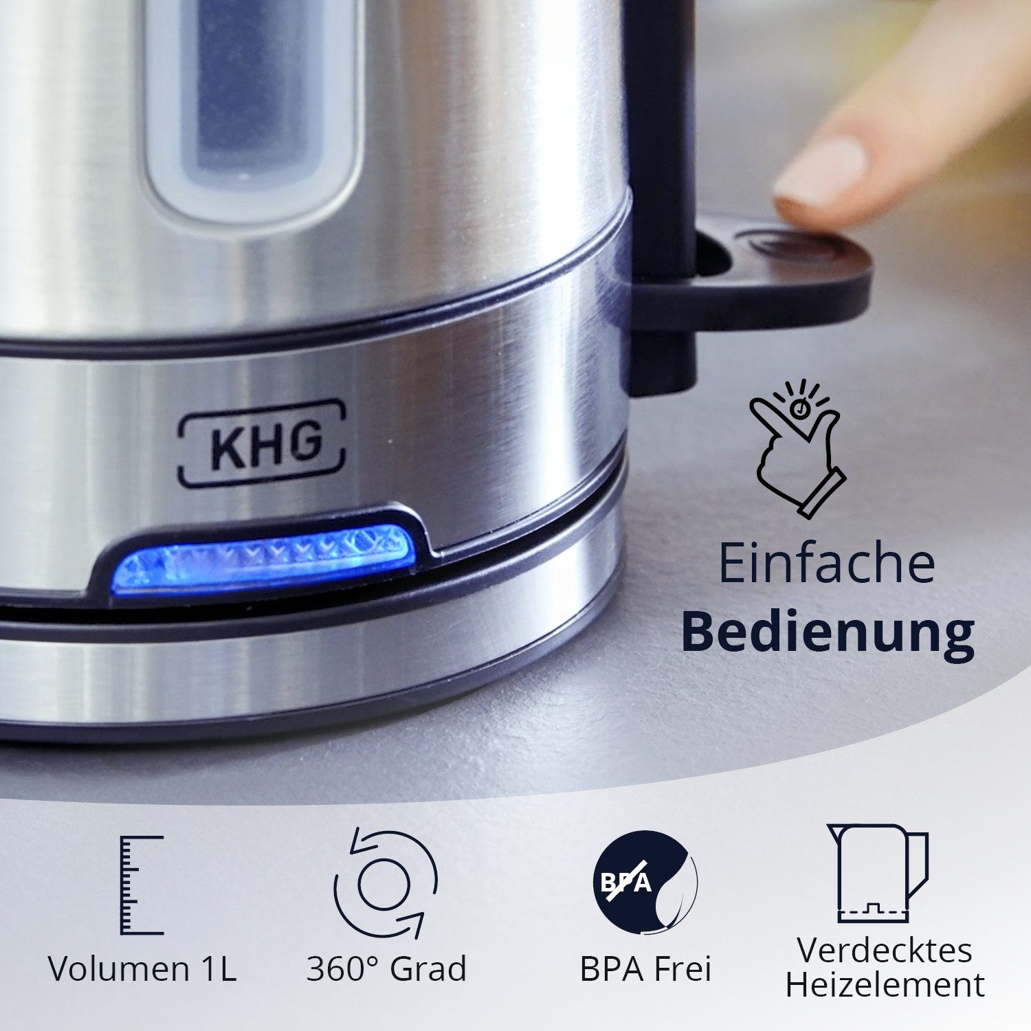 KHG Wasserkocher WK-105 ES aus Edelstahl, 1 Liter Fassvermögen, Abschaltautomatik, 1 l