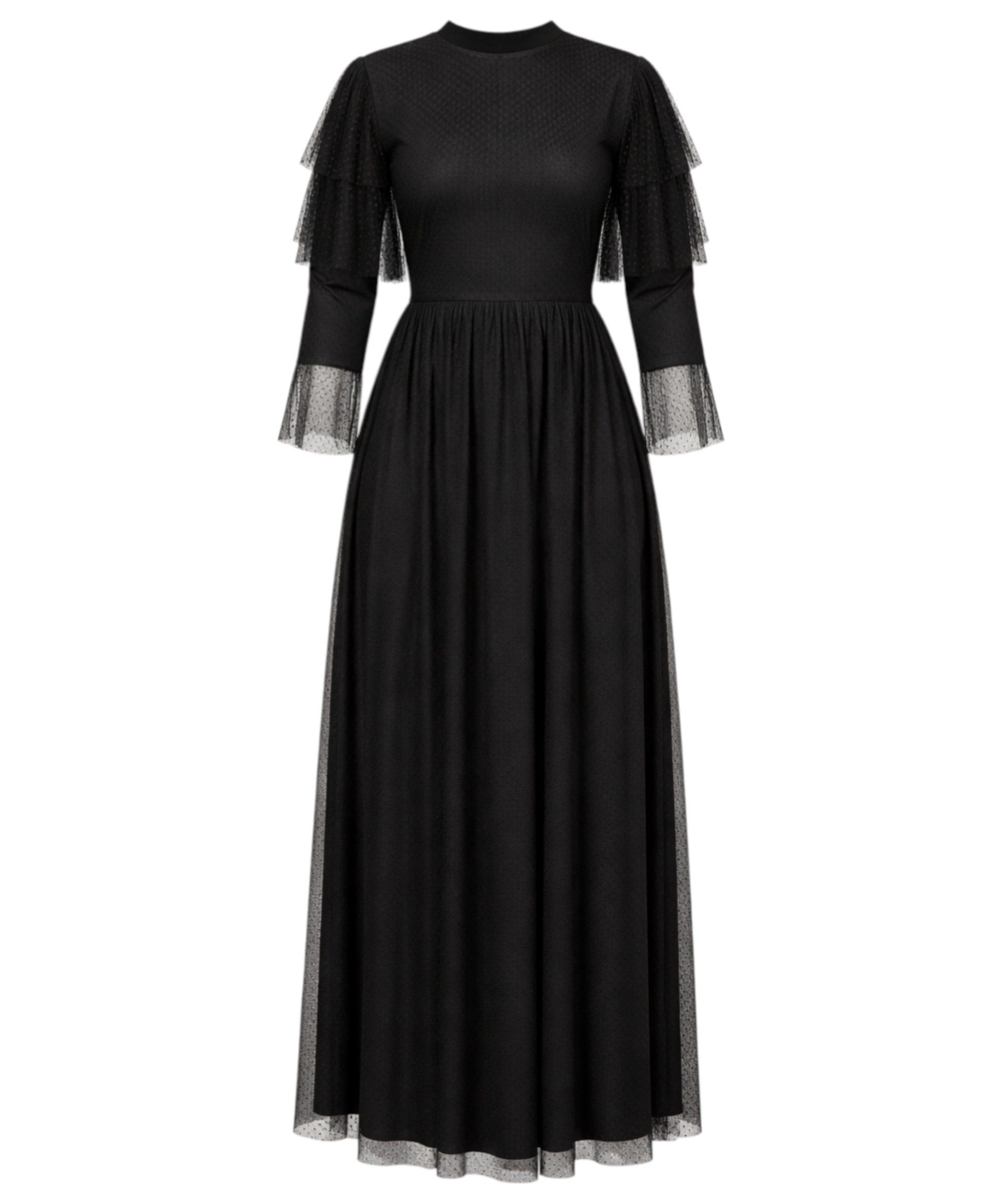 Modavitrini Tüllkleid Abendkleid Maxikleid aus gepunktetem Tüll langarm festlich elegant