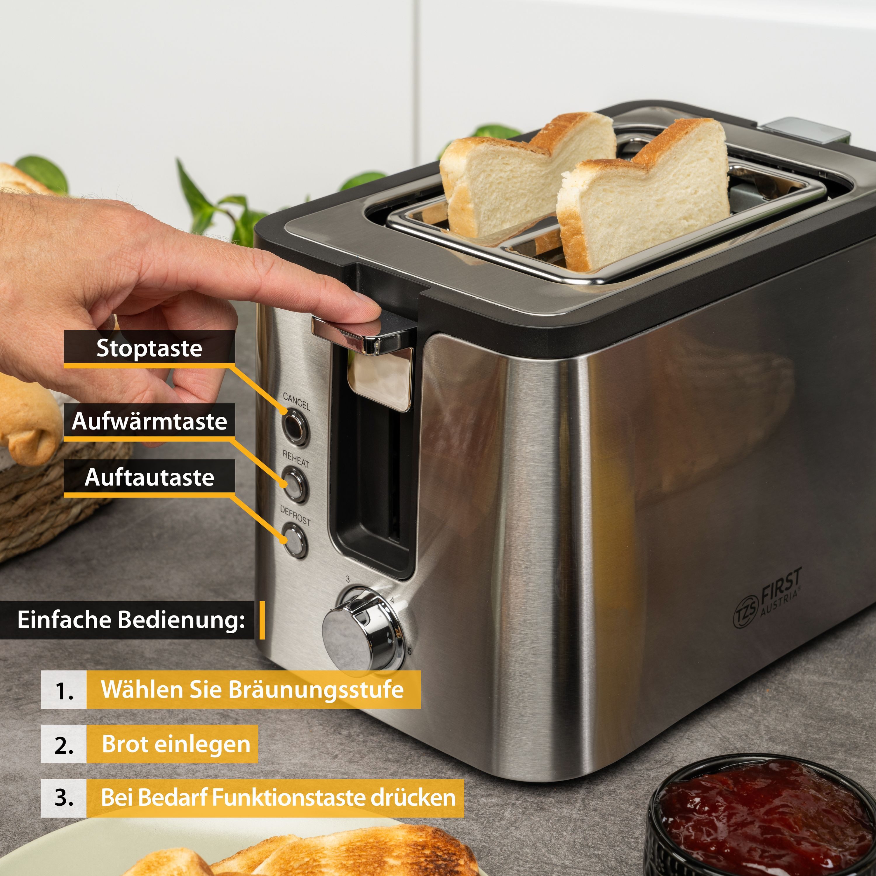 TZS FIRST AUSTRIA Toaster Edelstahl 2-Scheibentoaster 800W Auftau- & Aufwärmfunktion, für Küche, Haushalt, 800 W, 6 Bräunungsstufen, Selbstzentrierung, Brötchenwärmer & Krümelfach