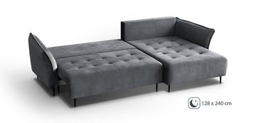 Beautysofa Polsterecke Bali, mit Schlaffunktion, Bettkasten, universelle Ottomane, Polsterecksofa mit schwarze Metallbeine,Schlafcouch, gesteppter Sitz, 3 große Rückenkissen