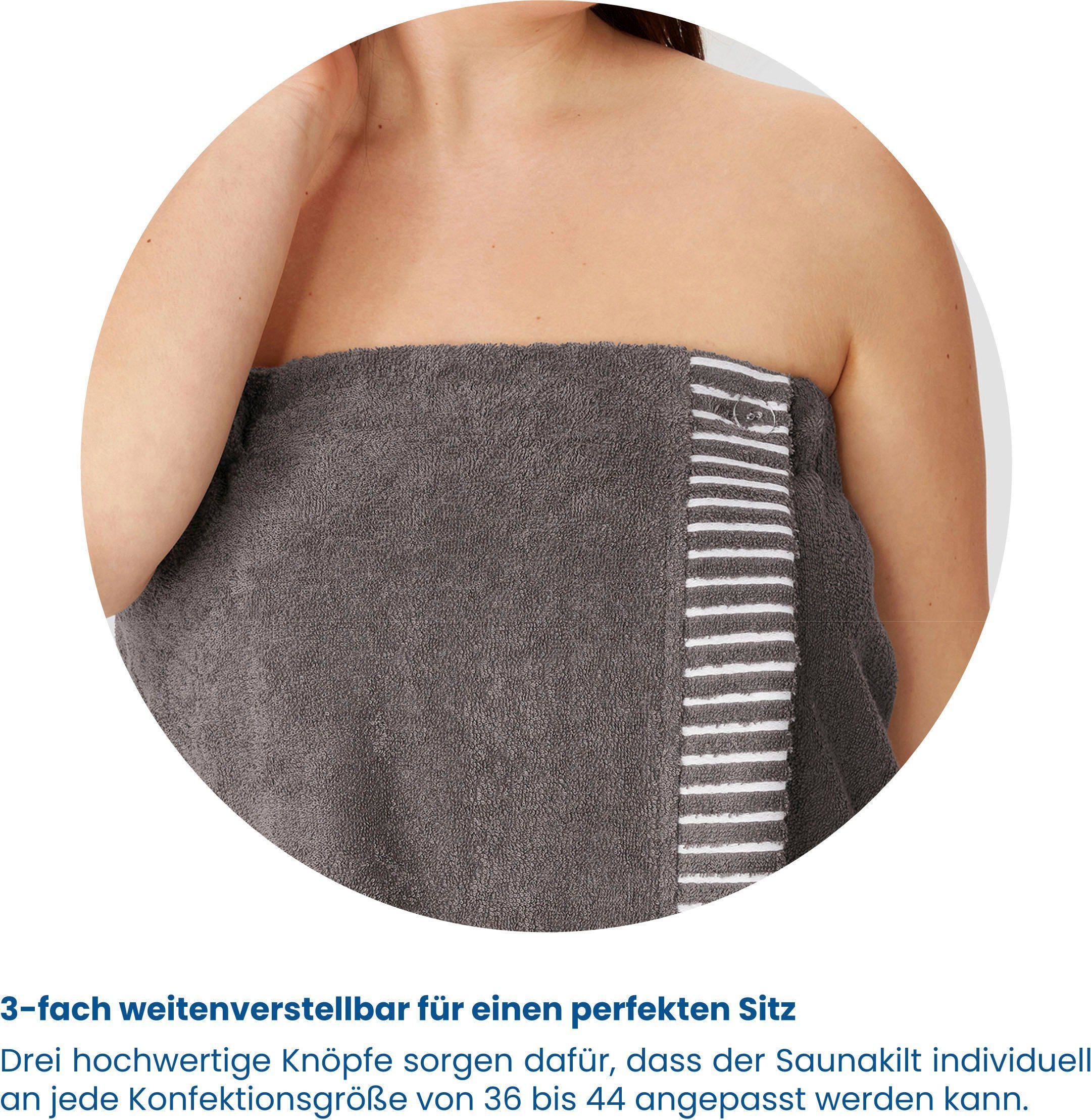 Streifen-Akzent Logostickerei saugstarkem Baumwoll-Frottier, mit Sarong Dunkelgrau aus Knöpfe, für Damen Frottier, Schiesser und Rom Saunakilt Kurzform,