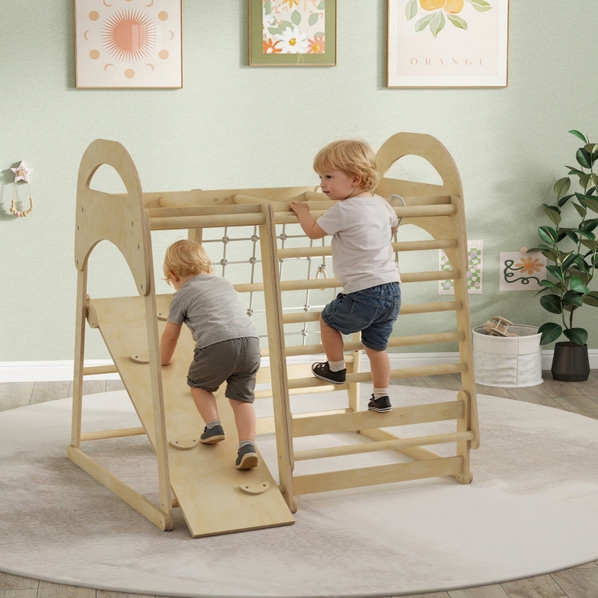 Klettergerüst Indoor-Klettergerüst, 6-in-1 Design, Rutsche, Kletterstangen