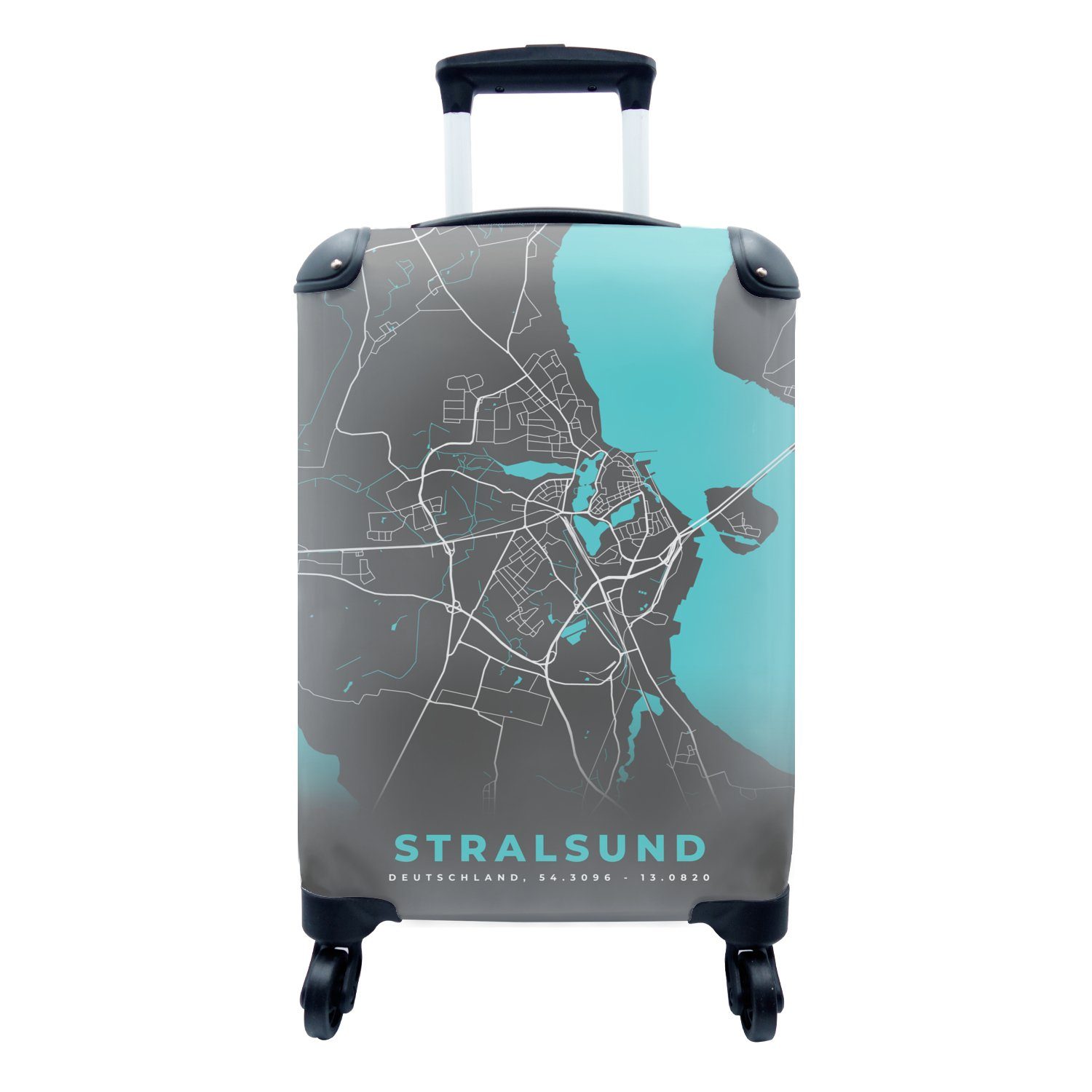 MuchoWow Handgepäckkoffer Stadtplan - Deutschland - Blau - Stralsund- Karte, 4 Rollen, Reisetasche mit rollen, Handgepäck für Ferien, Trolley, Reisekoffer