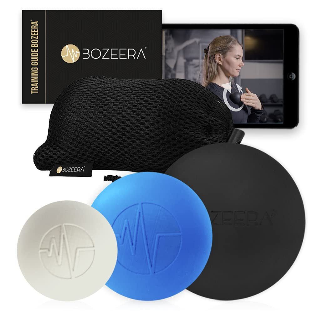 BOZEERA Massageball Lacrosse Massageball 3er Set – Lacross Ball 6 cm, 5cm und 3cm, Gummi Ball Set – Faszienball Set - Lacross Ball, Inkl. GRATIS Video-anleitung, Übungs-booklet & Tasche – Premium Set