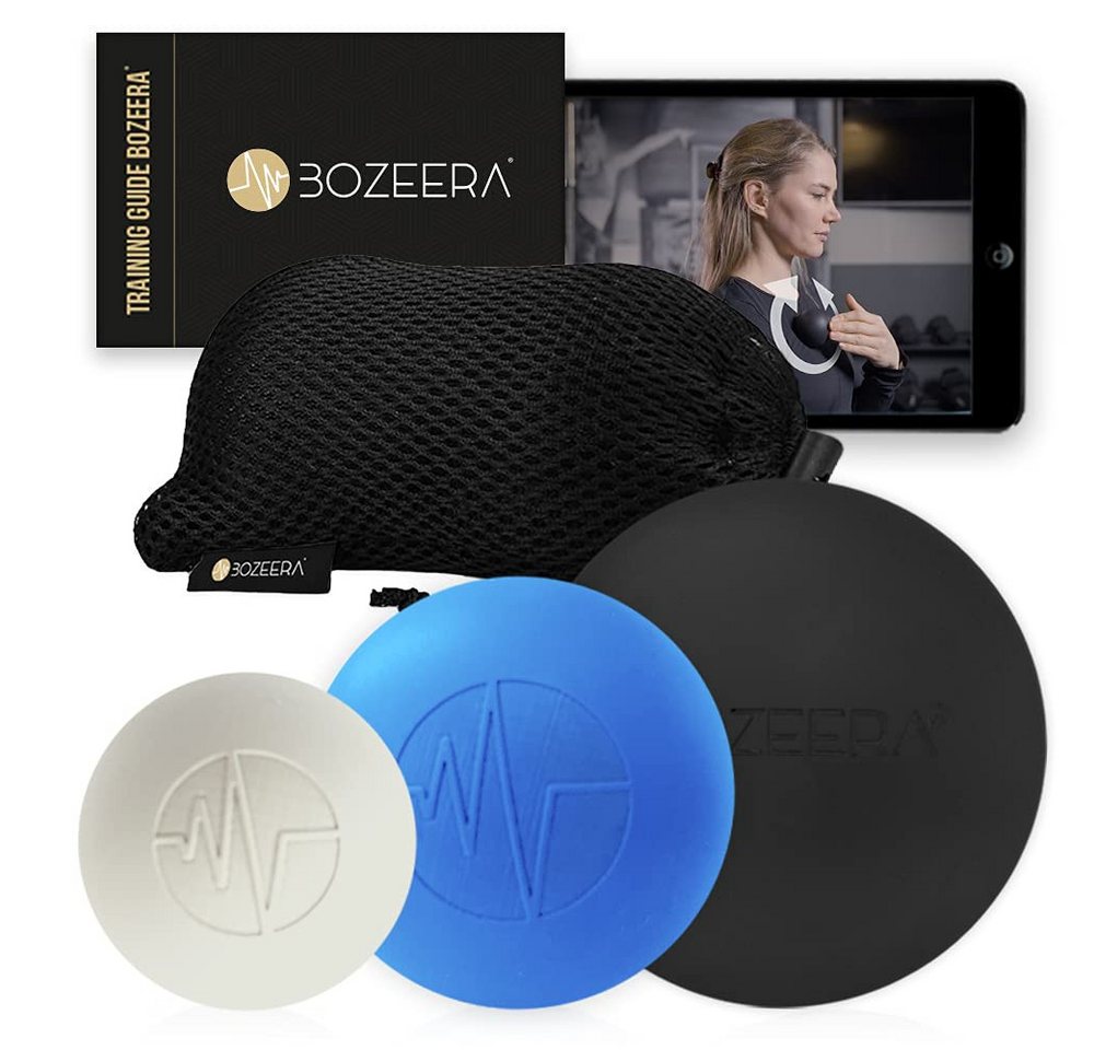 BOZEERA Massageball Lacrosse Massageball 3er Set – Lacross Ball 6 cm, 5cm und 3cm, Gummi Ball Set – Faszienball Set - Lacross Ball, Inkl. GRATIS Video-anleitung, Übungs-booklet & Tasche – Premium Set