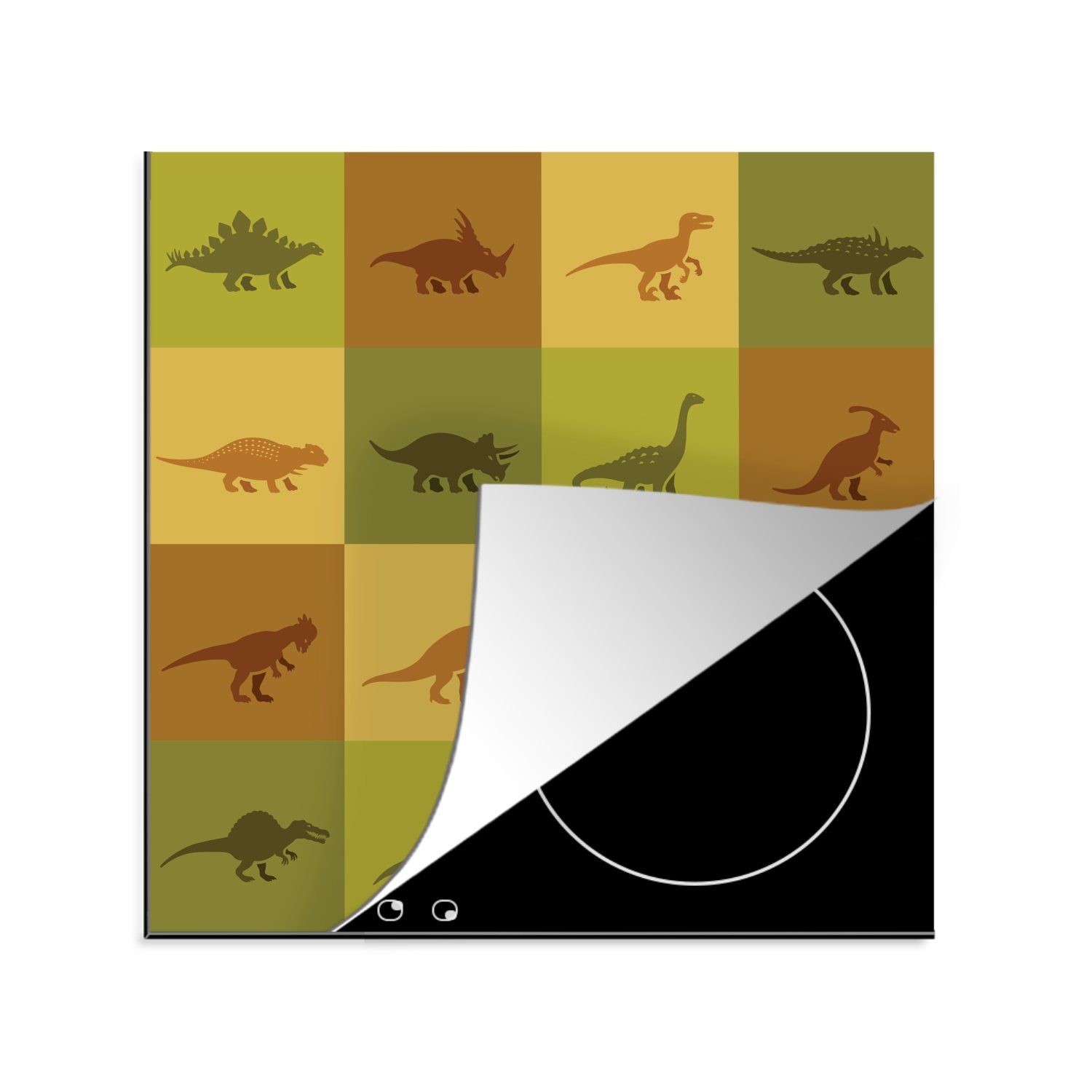 MuchoWow Herdblende-/Abdeckplatte Illustration - Grün - Dinosaurier - Kinder, Vinyl, (1 tlg), 78x78 cm, Ceranfeldabdeckung, Arbeitsplatte für küche