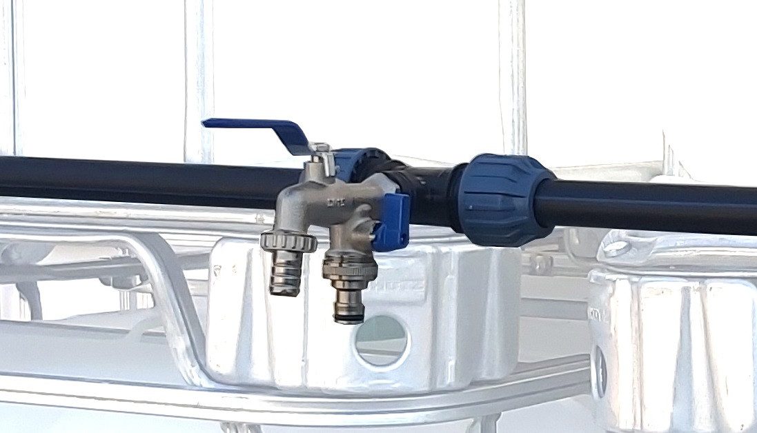 Regenwassertank IBC Verbindung Wassertanks für 1000L Container mit 2fach Auslaufhahn