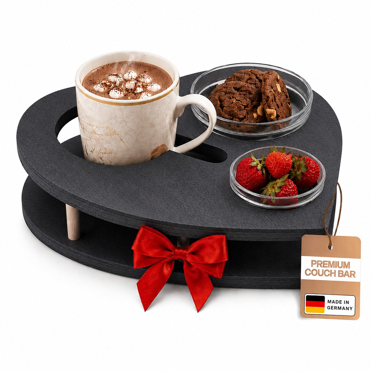 PEGSEN Servierplatte Couchbar Herz aus Holz mit Getränkehalter & 2 Snackschalen, Birkenholz, (Geschenkset, 3-tlg., lebensmittelechte Glasschalen, Snackbox, Sofa Tablett), alles steht stabil & sicher, perfekte Geschenkidee