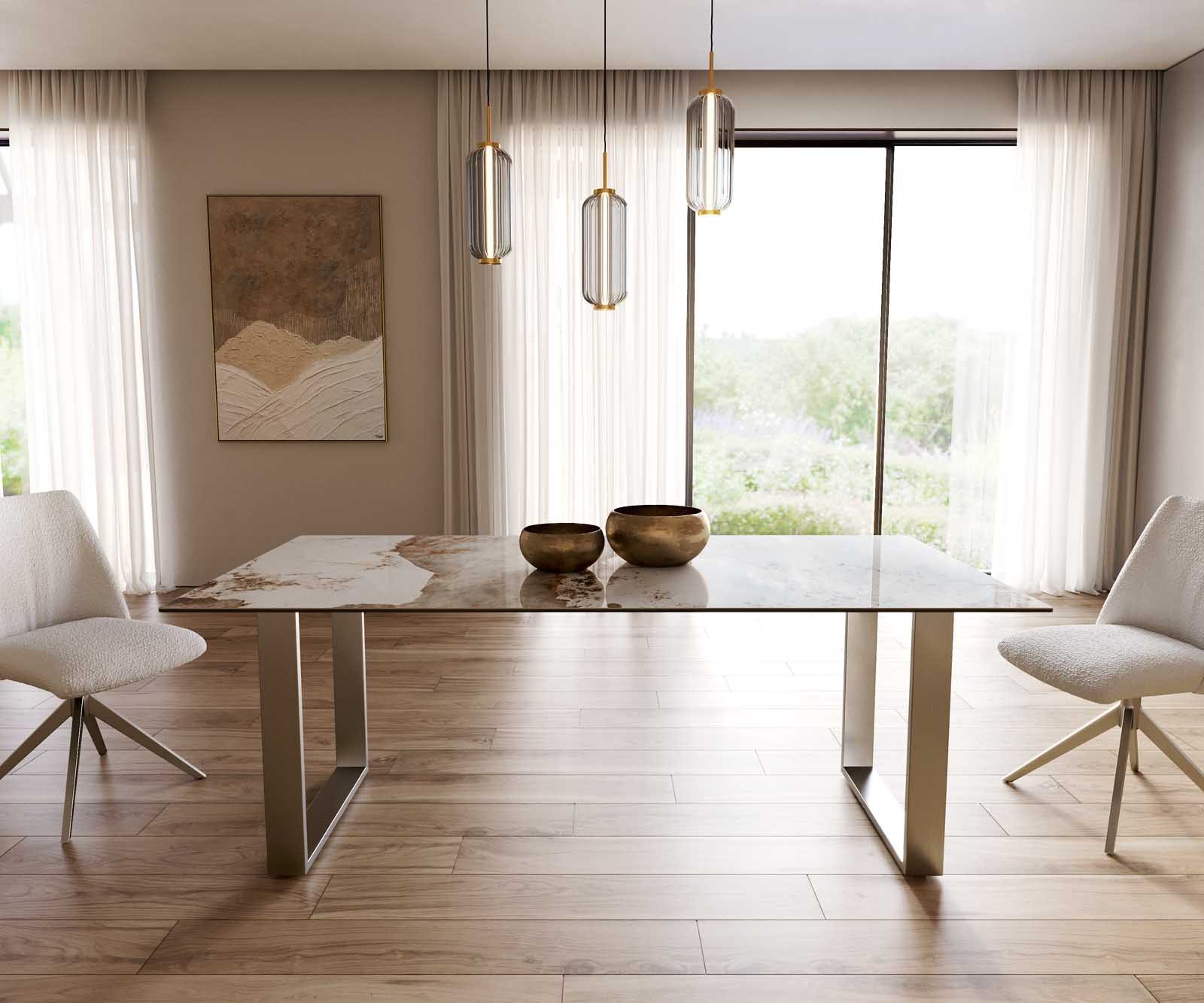 DELIFE Esstisch Edge, Keramik Minas Melange Weiß-Beige 200x100 Edelstahl Schmal