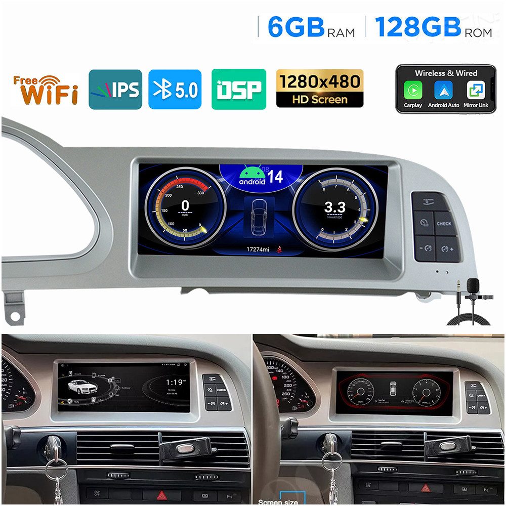 ESSGOO Android 14 6+128G Carplay Autoradio Für Audi A6 C6 4F MMI 2G 2005-2009 Autoradio (Digitalradio (DAB), FM, AM, RDS, SWC, Navi DSP 4G LTE 8-Kern)