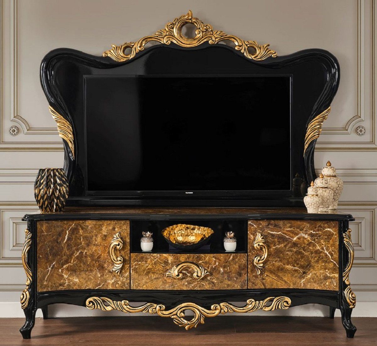 Casa Padrino TV-Schrank Luxus Barock 50 x Sideboard / Schrank Schwarz Prunkvolles Möbel 190 cm x Gold TV - Braun - Wohnzimmer / H. Massivholz Barock 180