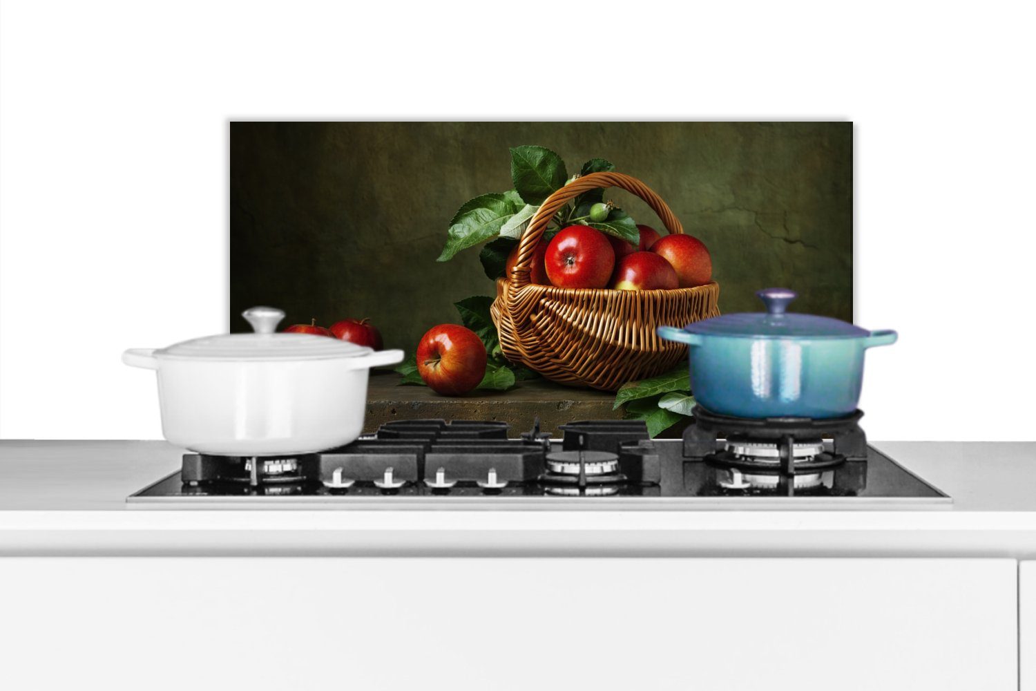 MuchoWow Küchenrückwand Rustikal - Küchen cm, Rot gegen und - - Korb Schmutzflecken Wandschutz, 60x30 für Stilleben, (1-tlg), Apfel Obst - - Fett