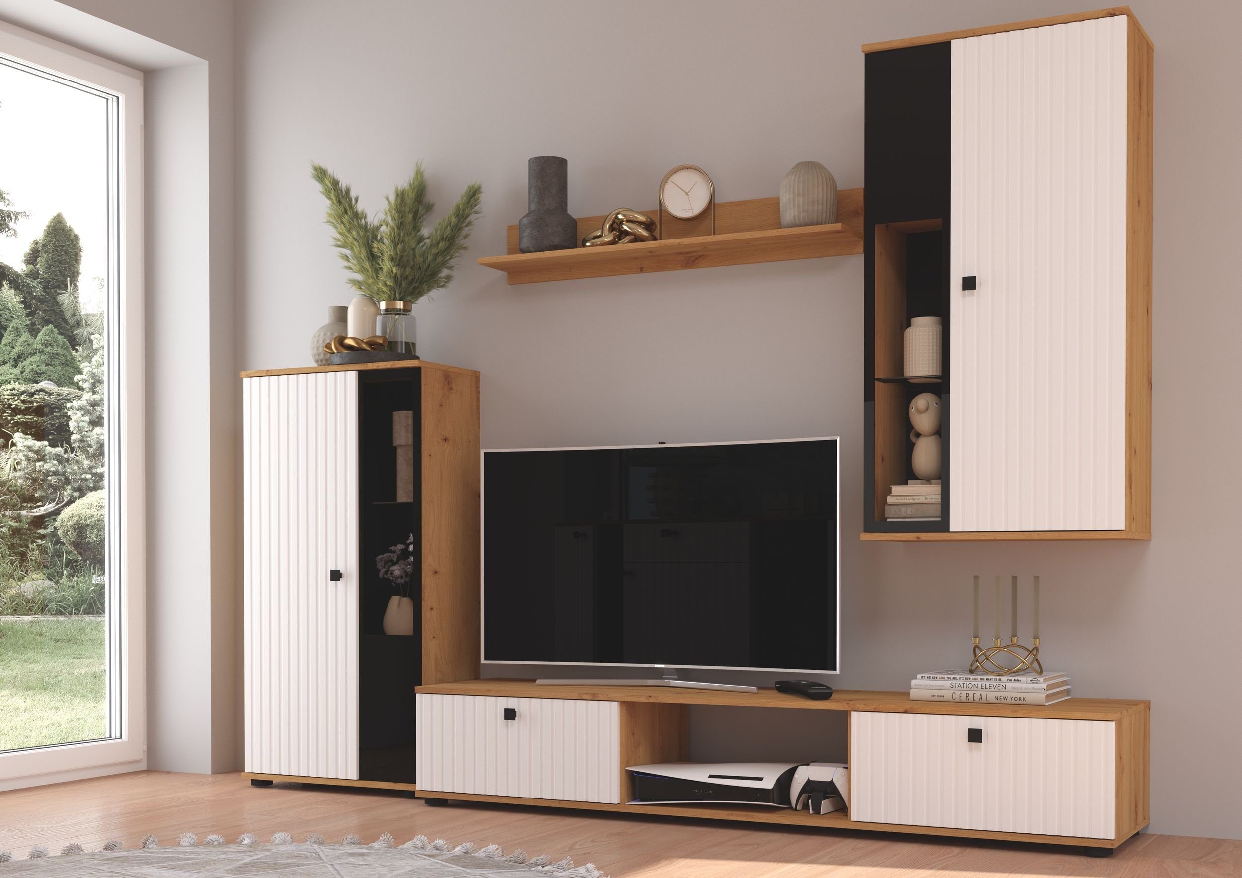 Küchen-Preisbombe Wohnwand Salsa 2 Lamellenoptik Anbauwand Schrankwand MDF Weiss + Eiche Artisan, (4-St)