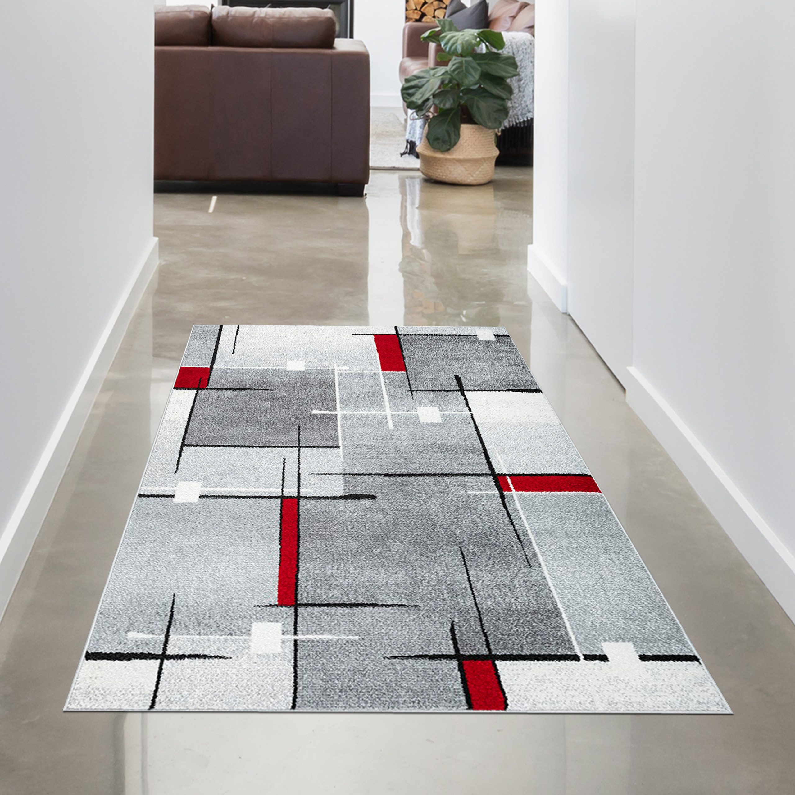 Carpetia Teppich Designerteppich mit grafischem Muster – Grau, Rot & Weiß, günstig online kaufen