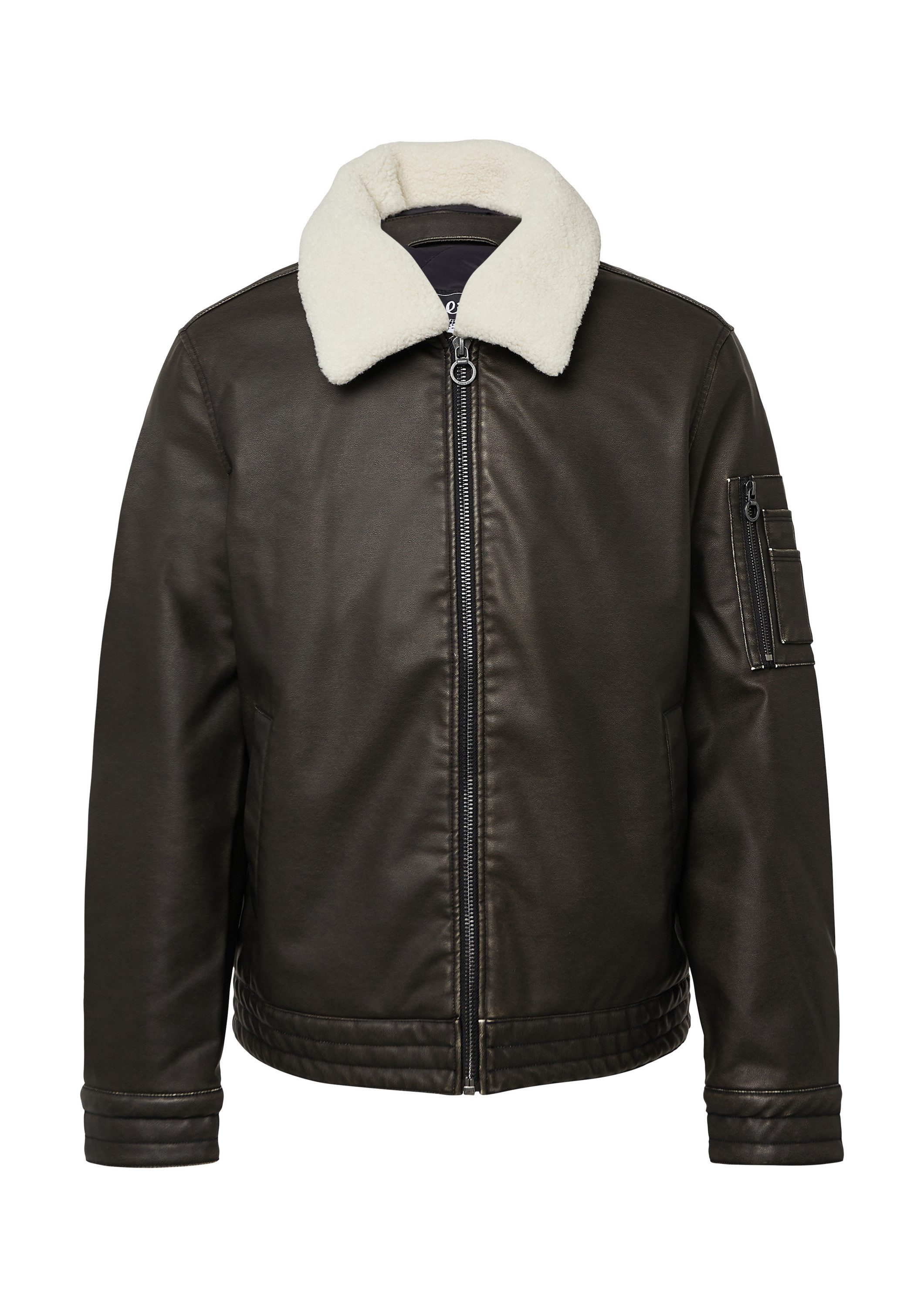 s.Oliver Funktionsjacke Outdoor-Jacke Bomberjacke aus Lederimitat mit abnehmbarem Teddy-Kragen
