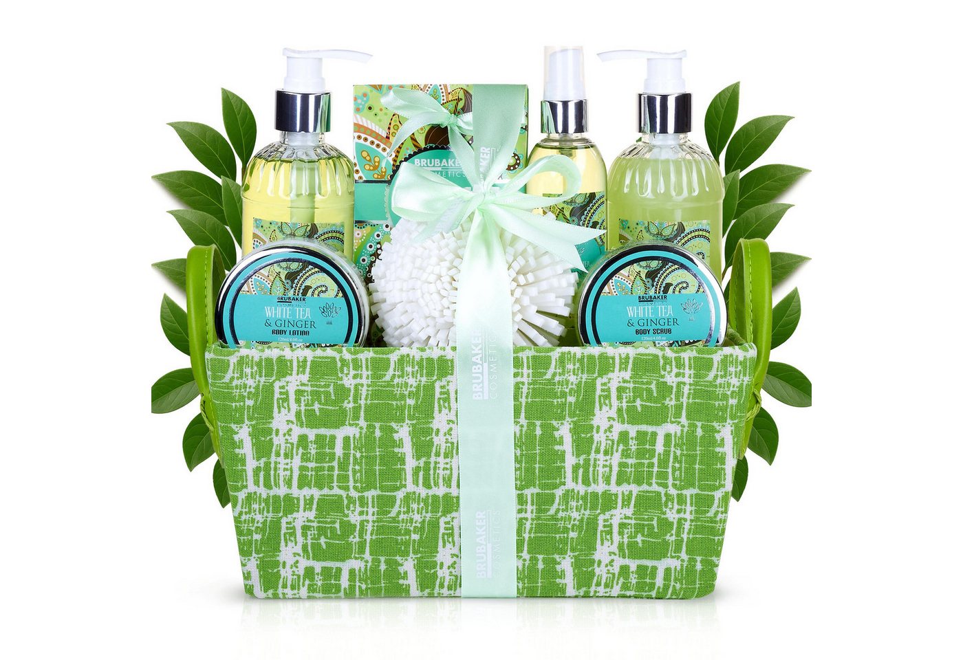 BRUBAKER Pflege-Geschenkbox Damen Dusch- und Badeset mit Weißer Tee und Ingwer Duft Beauty Geschenk für Geburtstag und Weihnachten, 8-tlg., Frauen Geschenkset in Henkelbox