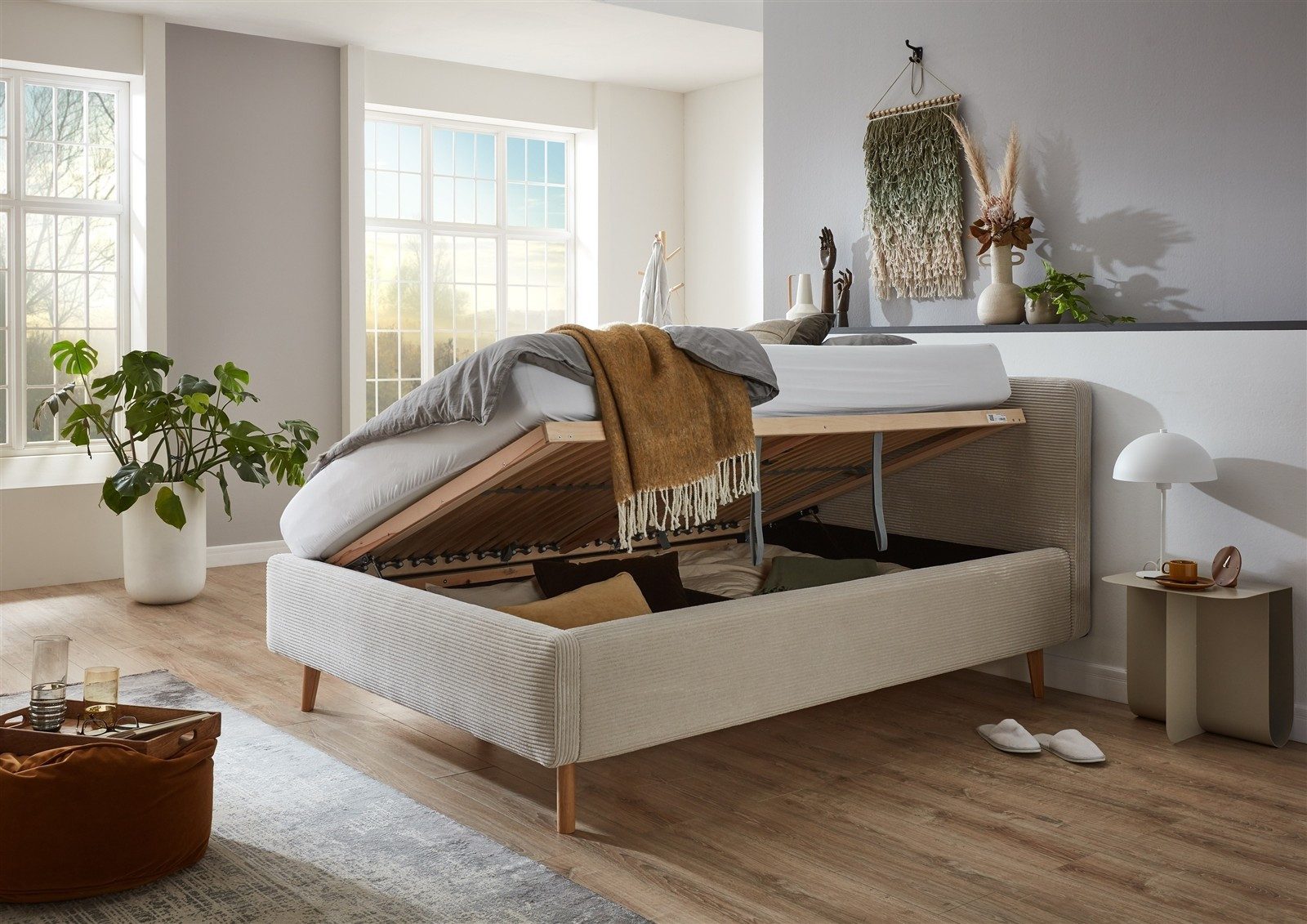 freiraum Polsterbett Mattis, Liegefläche 140x200 cm, Poso Beige, Stellmaß: 161x105x218cm (BxHxT)