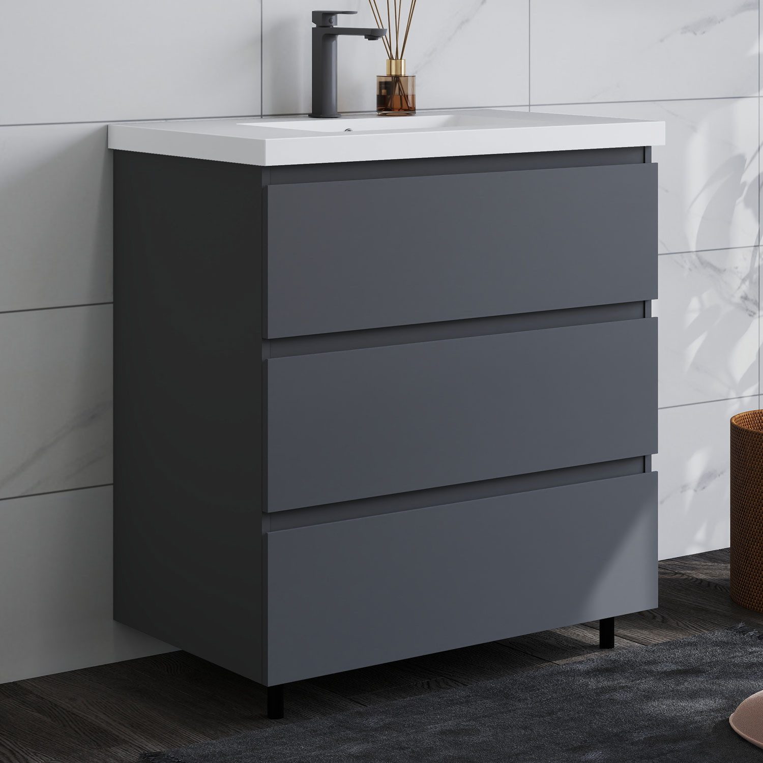 duschspa Waschtisch Badmöbel Set Waschbecken mit Unterschrank Badezimmer Möbel Schrank (Hängeschrank, mit Schrankfüße), 80/100cm breit