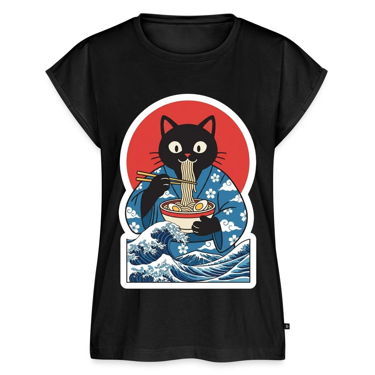 Spreadshirt T-Shirt Ramen Katze, Schwarze Katze Im Japan-Look Damen Casual Relaxed T-Shir (1-tlg)