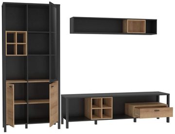 FORTE Wohnwand Wohnwand HIGH ROCK 3-tlg. mit Beleuchtung Riviera Eiche Optik Schwarz, (Komplett-Set, 3-St., Vitrine, Lowboard, Wandboard)