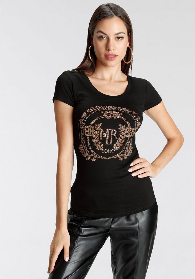 Melrose T-Shirt mit Glitzerdruck, Klassischer Rundhalsausschnitt