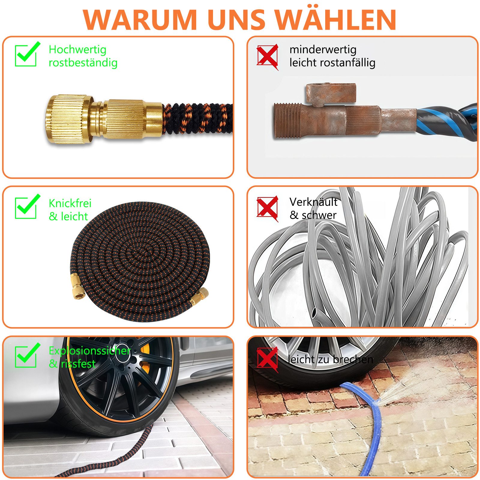 PFCTART Gartenschlauch Flexibler Gartenschlauch mit Sprühdüse, ausziehbar bis 22,5 m, Robuste 4-Lagen-Konstruktion, 8-fach Sprühdüse, Knickfrei & auslaufsicher, – Bild 3 von 5