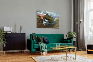 Sinus Art Leinwandbild 120x80cm Wandbild auf Leinwand Island Landschaft Berge Wasserfall Sonn, (1 St)