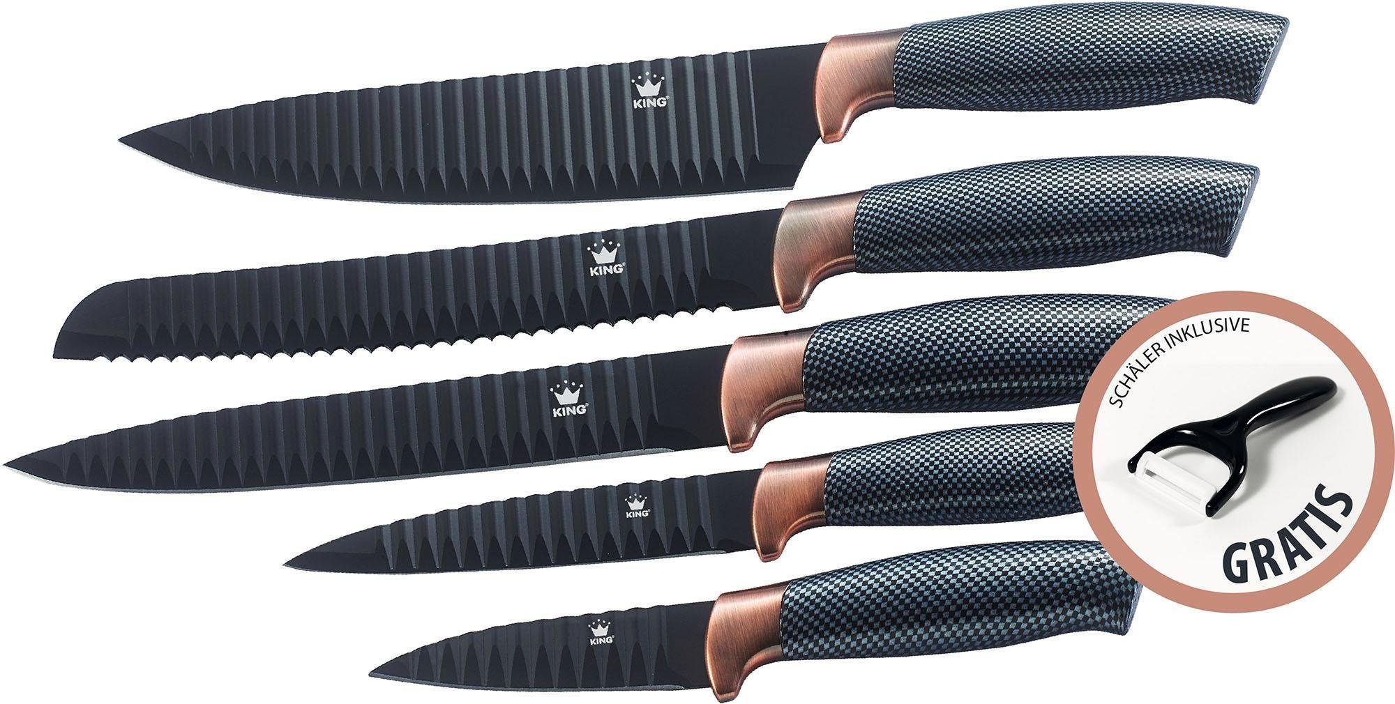 KING Messer-Set Carbon Design (Set, 6-tlg), (5 Messer), incl. Sparschäler, Wellenschliff