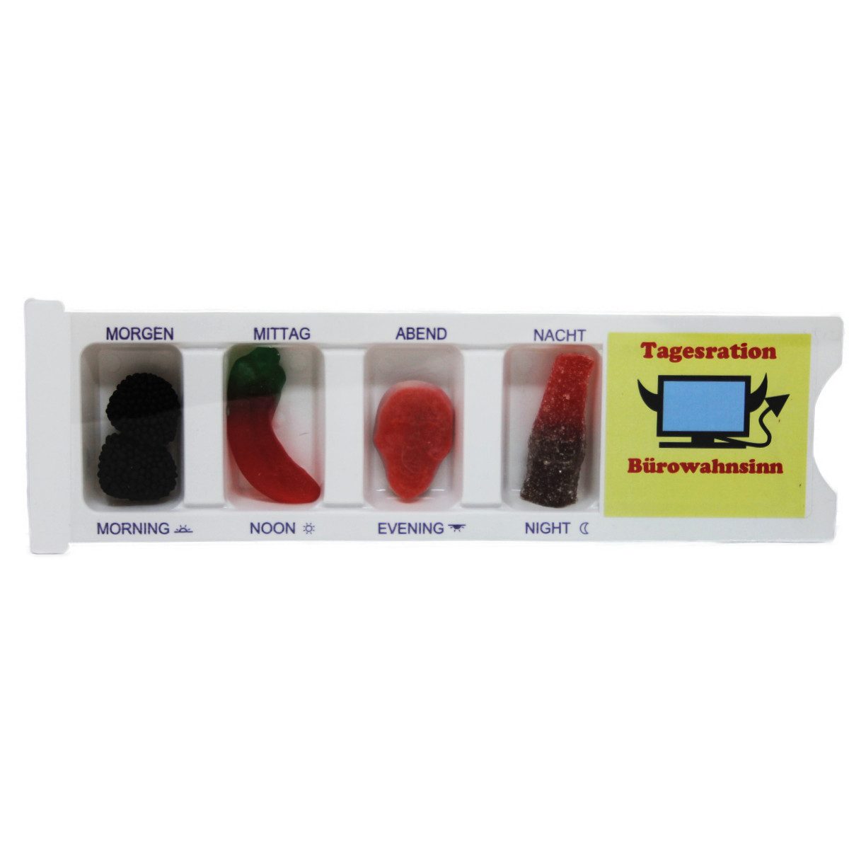 Fruchtgummi Bären & Co. Süßigkeit, Tablettenbox Bürowahnsinn gefüllt mit Fruchtgummi Scherzartikel 25g