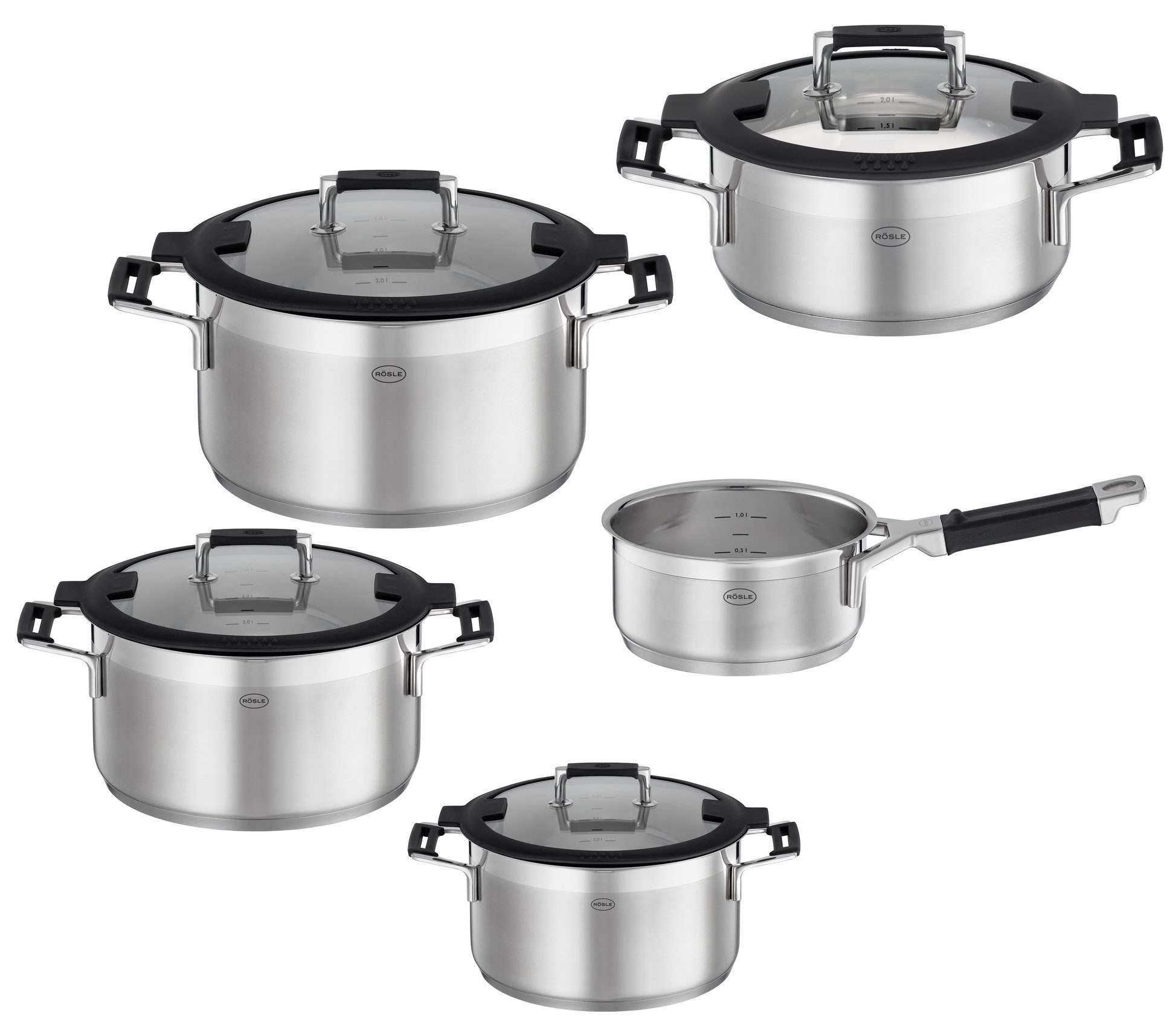 RÖSLE Topf-Set Silence® Pro Edelstahl Topfset 5tlg, Edelstahl 18/10, Topf-Set SILENCE PRO 5-tlg.