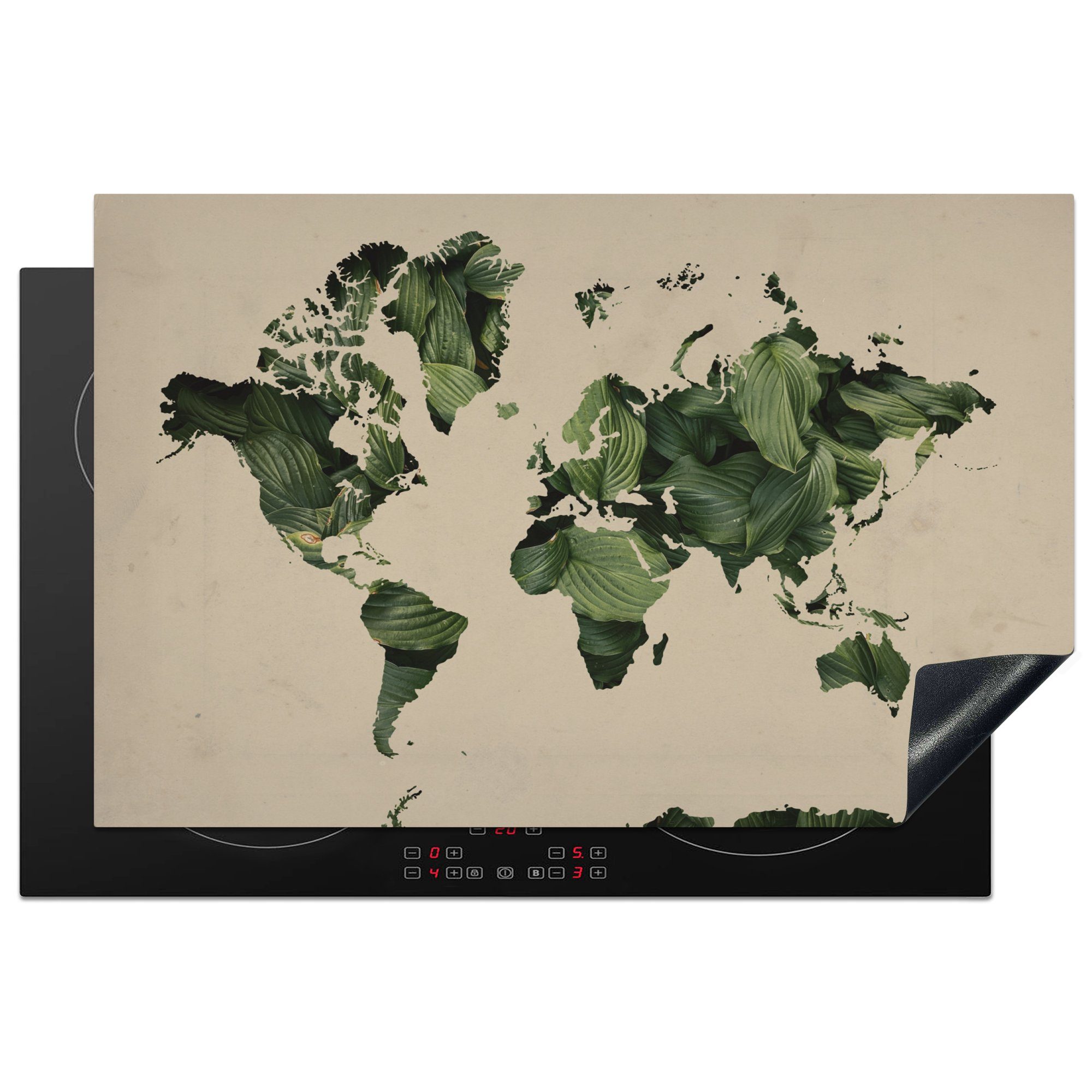 MuchoWow Herdblende-/Abdeckplatte Weltkarte - Blätter - Grün, Vinyl, (1 tlg), 81x52 cm, Induktionskochfeld Schutz für die küche, Ceranfeldabdeckung