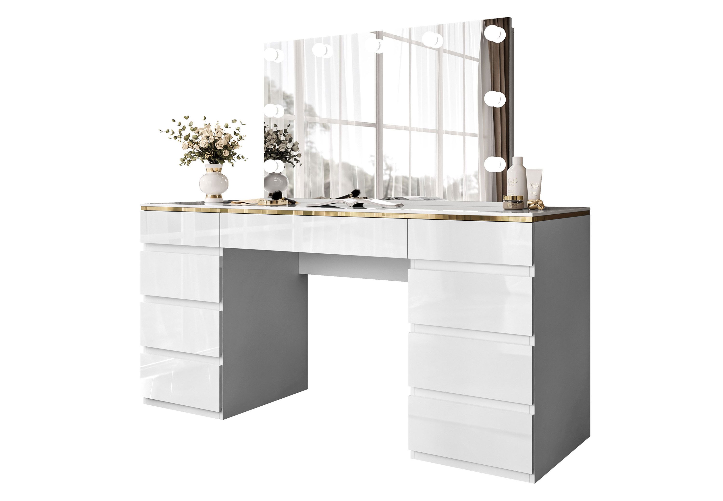 Lookway Schminktisch AURORA DOUBLE GOLD Weiß Hochglanz (1xSchminktisch, 1xSpiegel mit LED), Breite: 156,8 cm Höhe: 79,2 cm Tiefe: 55 cm