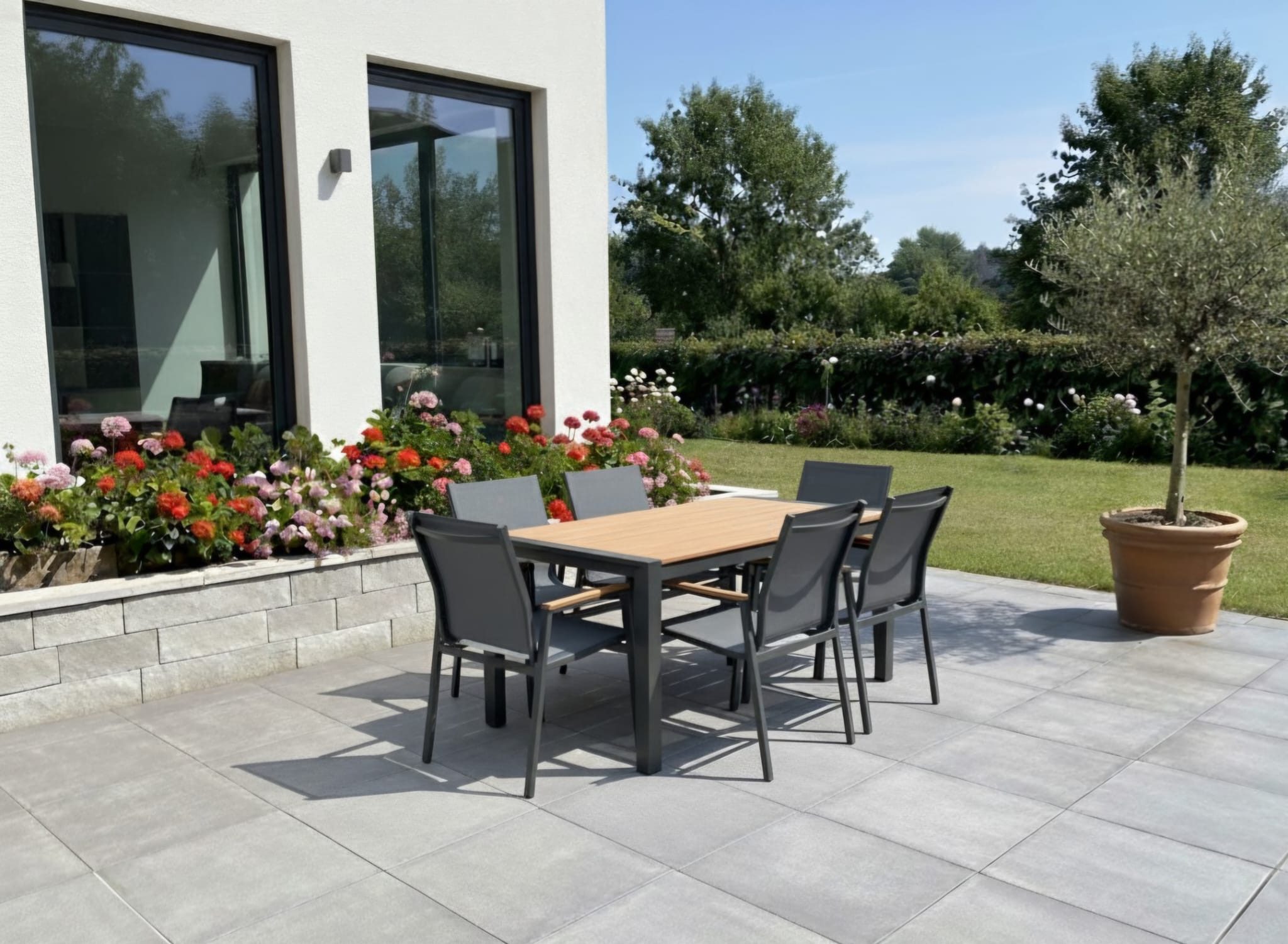 TEICO GROUP Sitzgruppe Terassenmöbel Alu/WPC 7-tlg. Gartengarnitur Gartenset, (7-tlg), alle Tischbeine höhenverstellbar, Stühle stapelbar