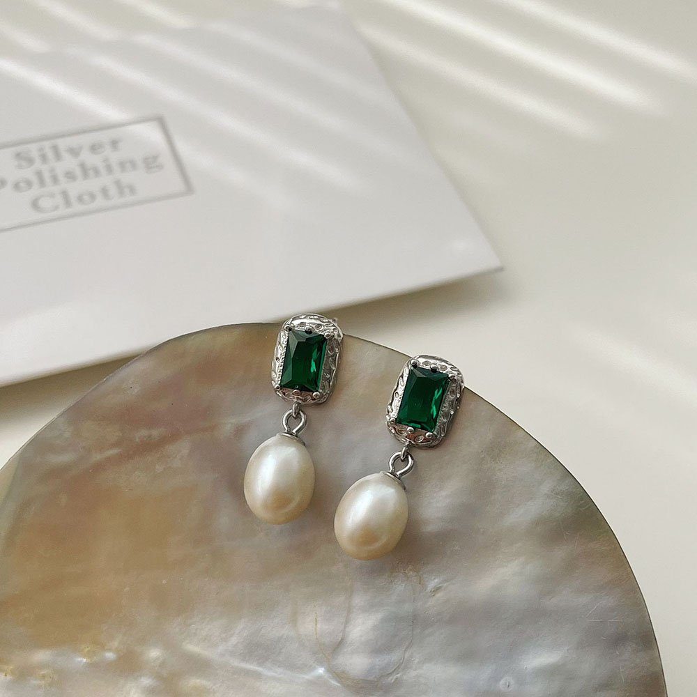 POCHUMIDUU Paar Ohrhänger 925 Sterling Silber Vintage Smaragd Zirkonia Ohrringe (2-tlg., Süßwasserperlen-Ohrringe), Geschenke für Frauen und Mädchen silbrig